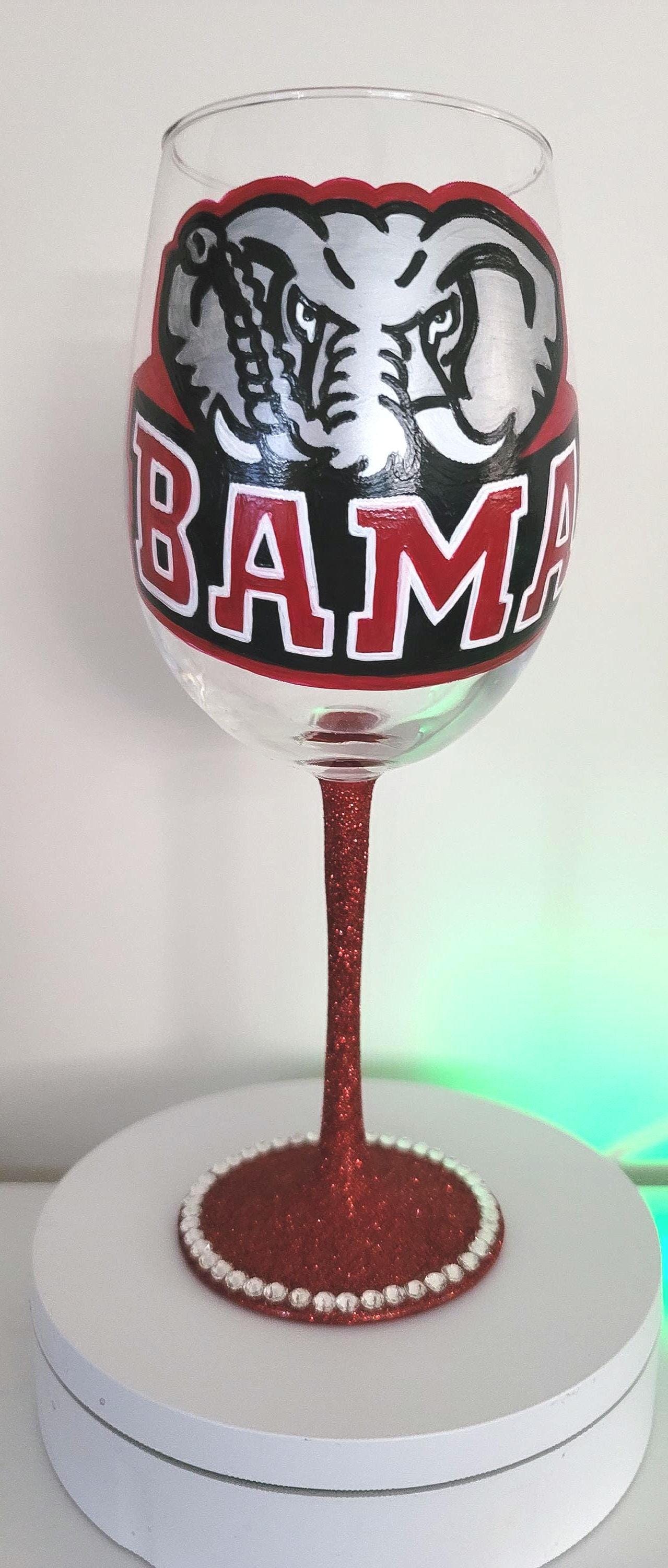 Alabama Crimson Tide Wine Glass, Hand Painted Glitter Stem, view 3