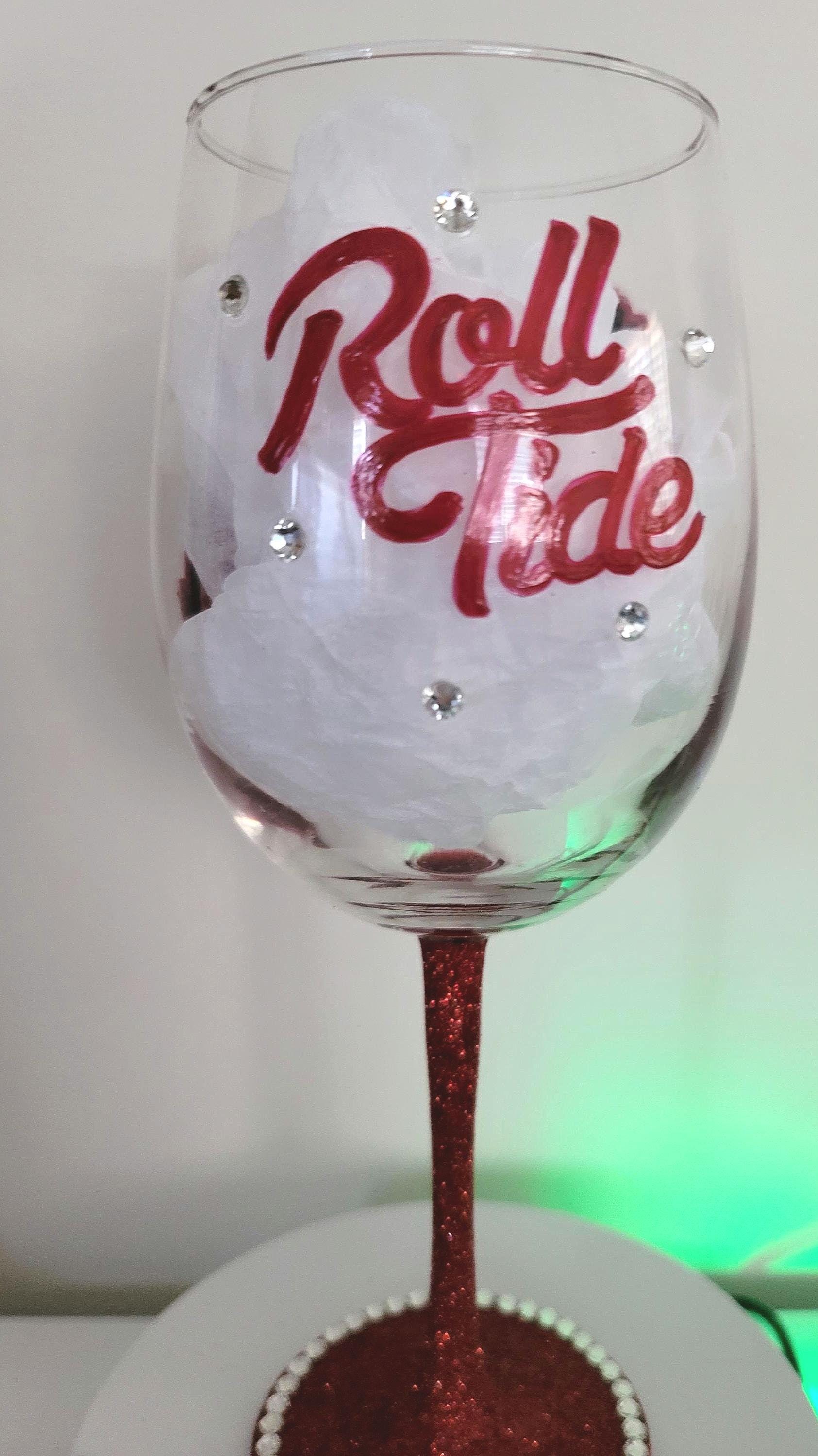 Alabama Crimson Tide Wine Glass, Hand Painted Glitter Stem, view 4