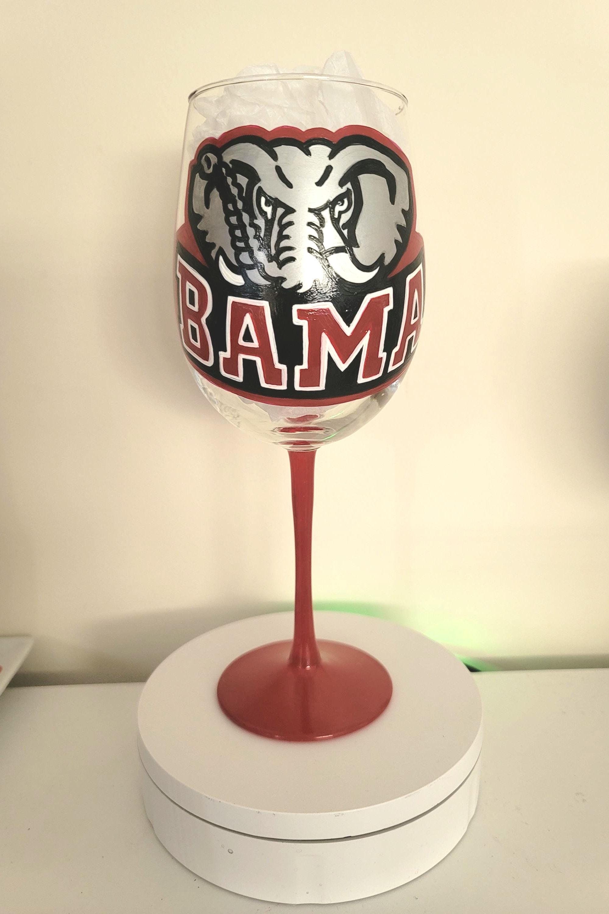 Alabama Crimson Tide Wine Glass, Hand Painted Roll Tide Barware, view 2