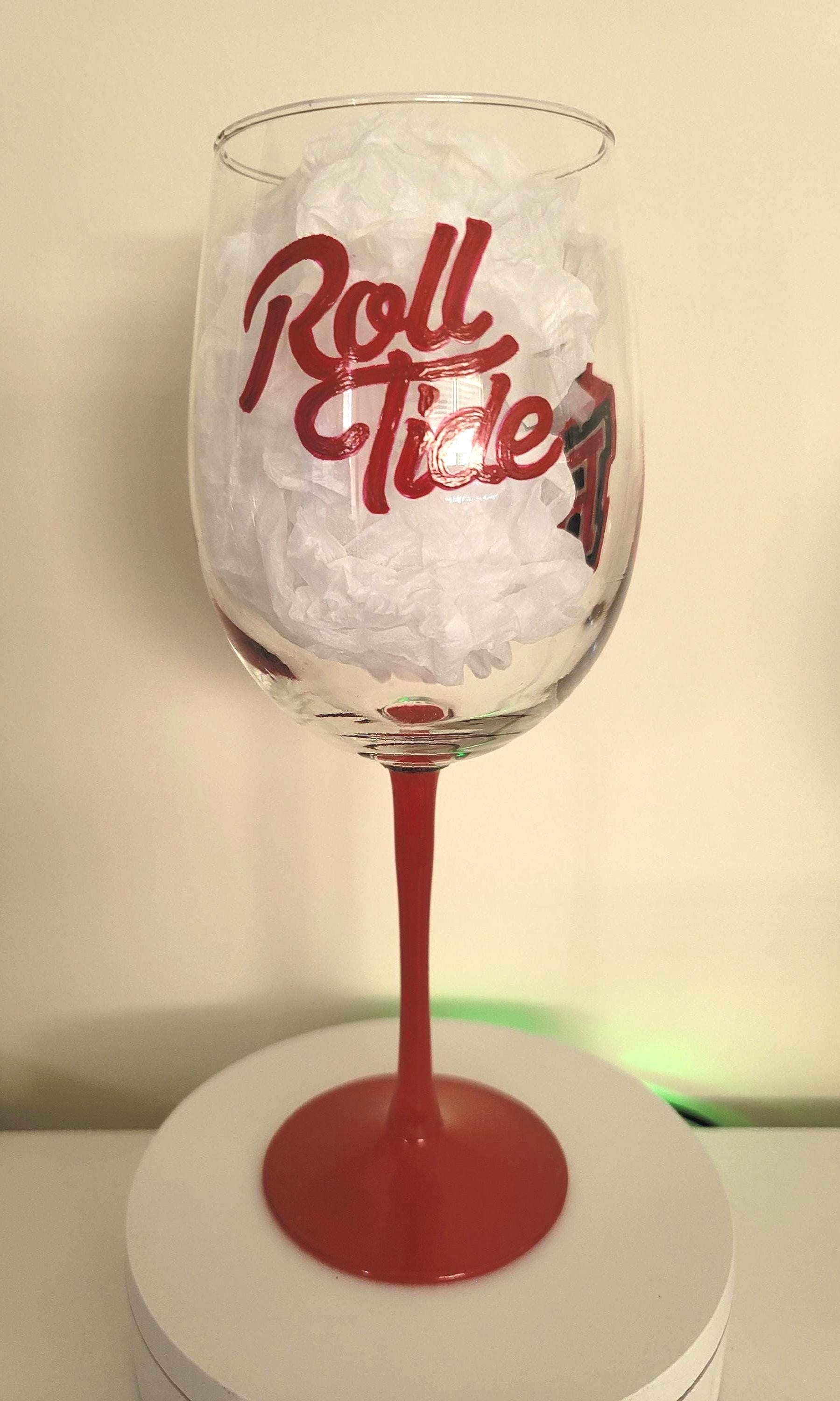 Alabama Crimson Tide Wine Glass, Hand Painted Roll Tide Barware, view 3
