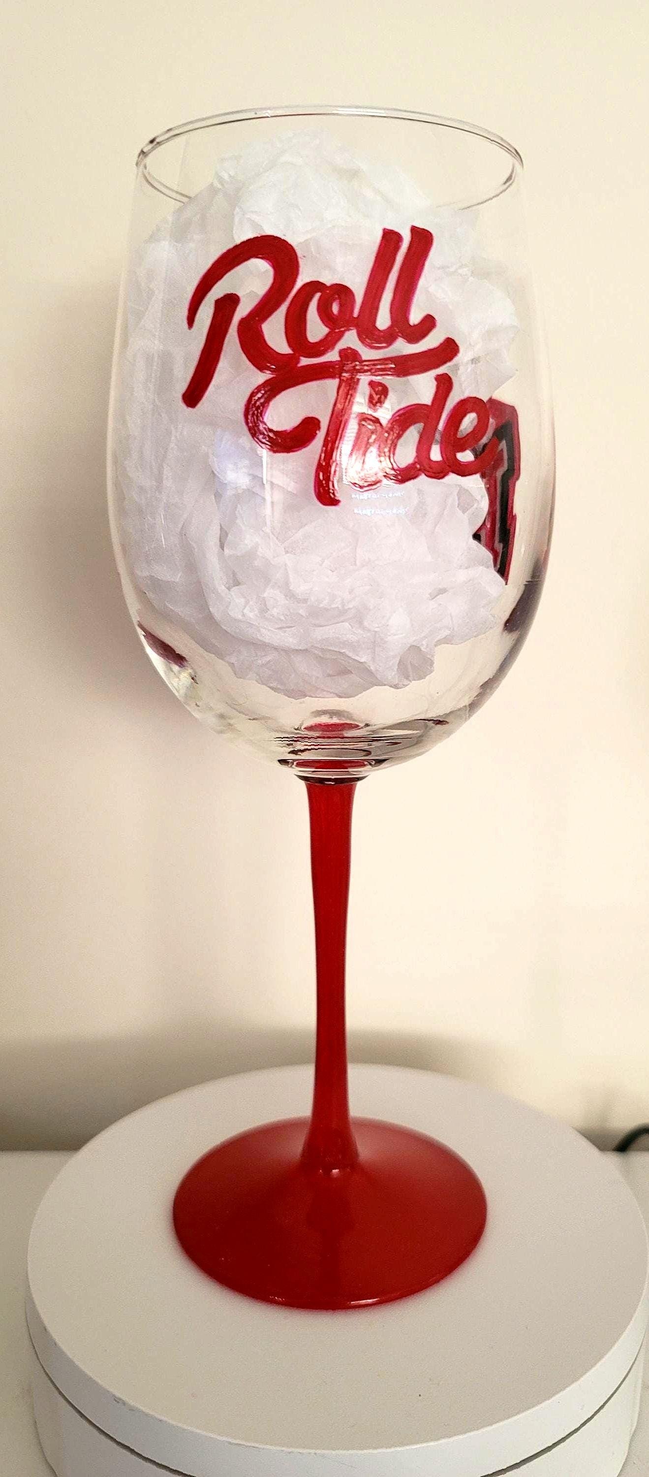 Alabama Crimson Tide Wine Glass, Hand Painted Roll Tide Barware, view 4