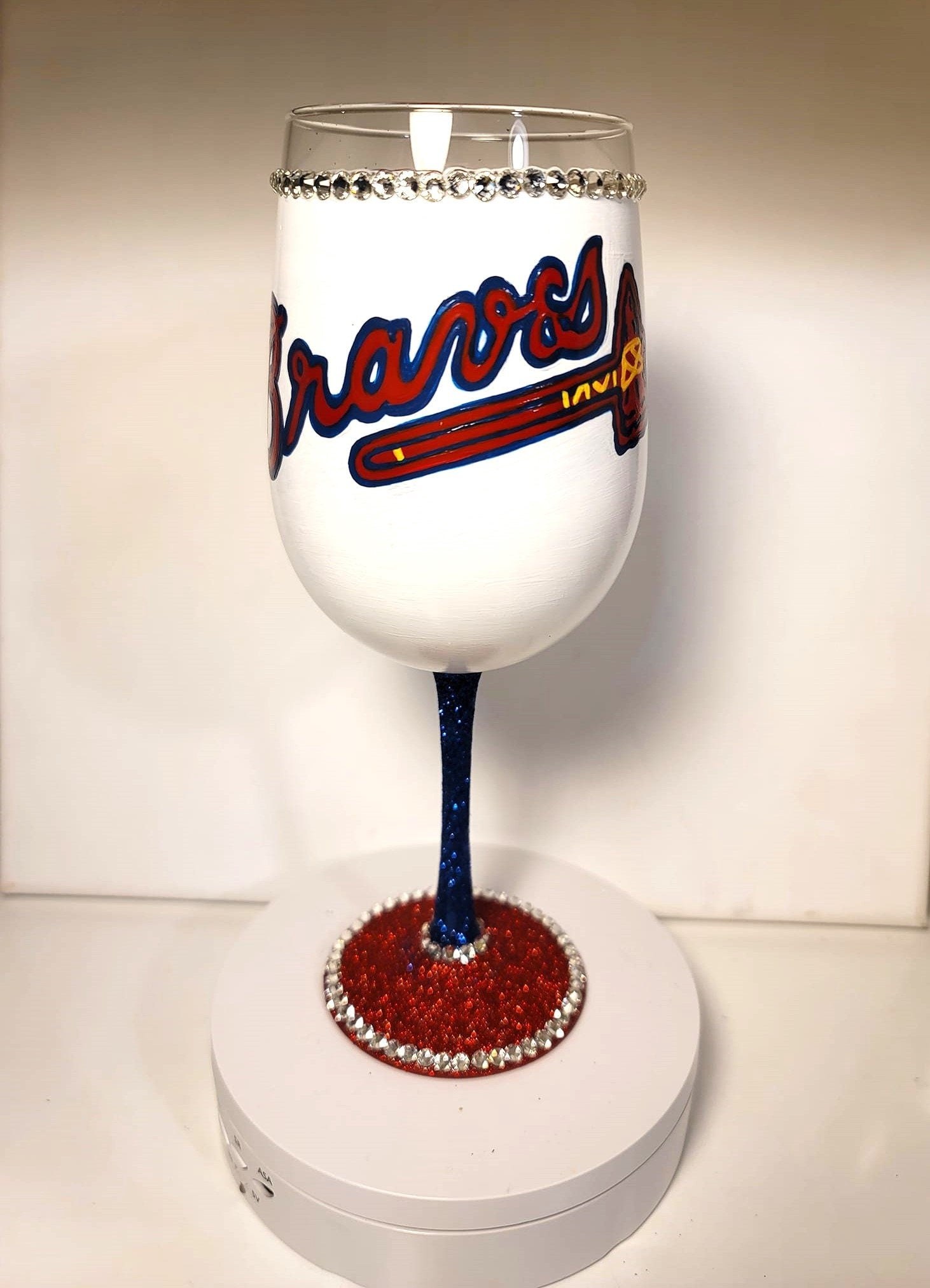 Atlanta Braves Hand-Painted Wine Glass with Rhinestone Bling, view 2