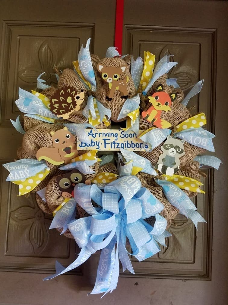Baby Boy Woodland Animals Deco Mesh Wreath, Baby Shower Gift