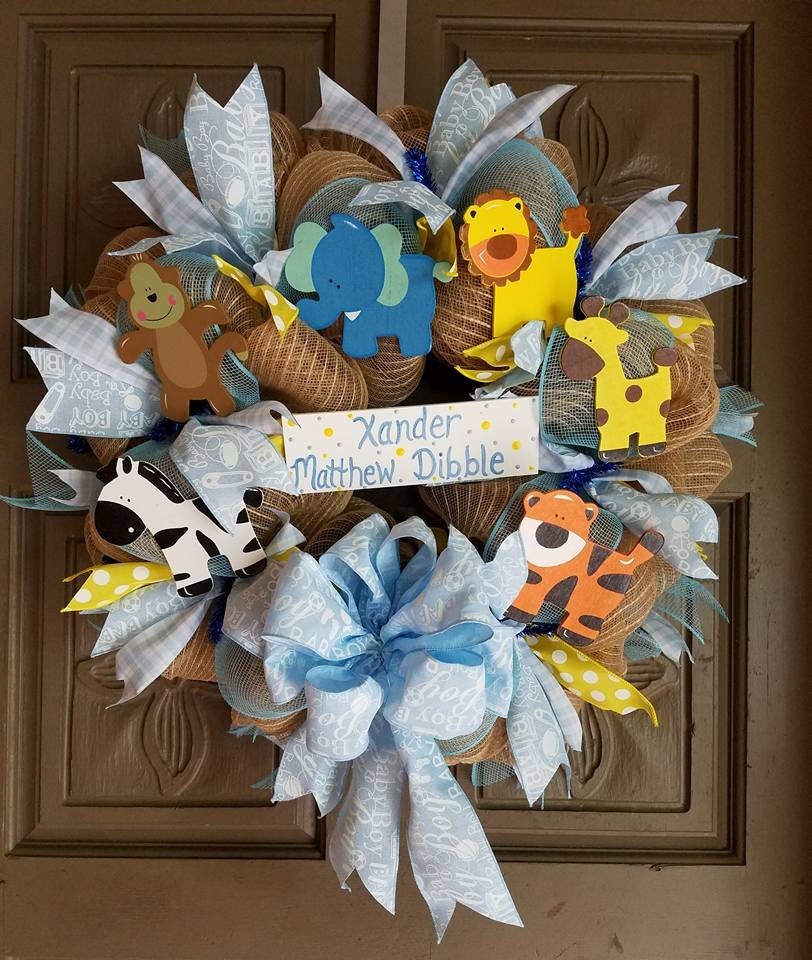 Baby Boy Woodland Animals Deco Mesh Wreath, Baby Shower Gift, view 2