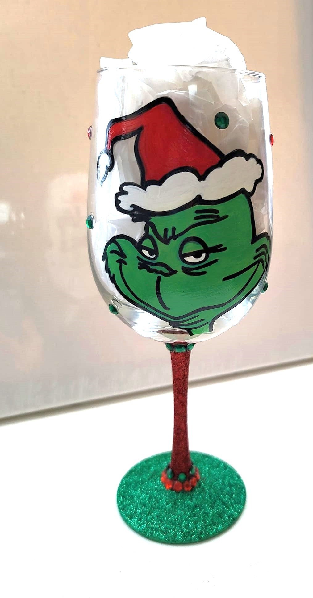 Grinch Christmas Hand Painted Wine Glass/Drink Up Grinches/Gift For Her/ Gift For Him/Christmas Gift/Party Hostess Gift, view 5