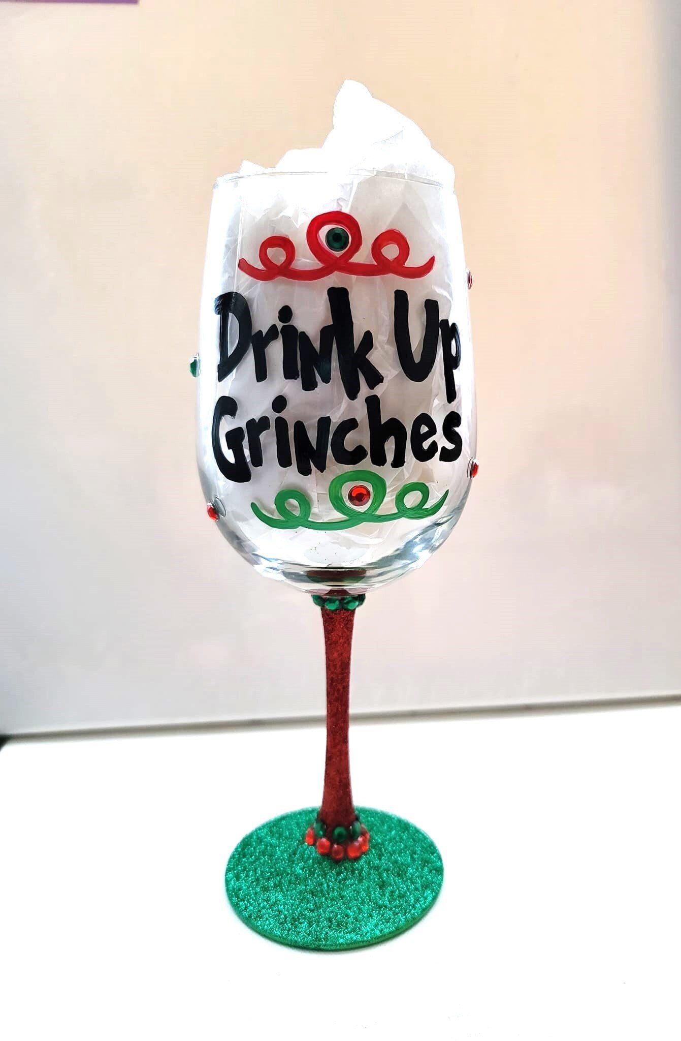 Grinch Christmas Hand Painted Wine Glass/Drink Up Grinches/Gift For Her/ Gift For Him/Christmas Gift/Party Hostess Gift, view 2