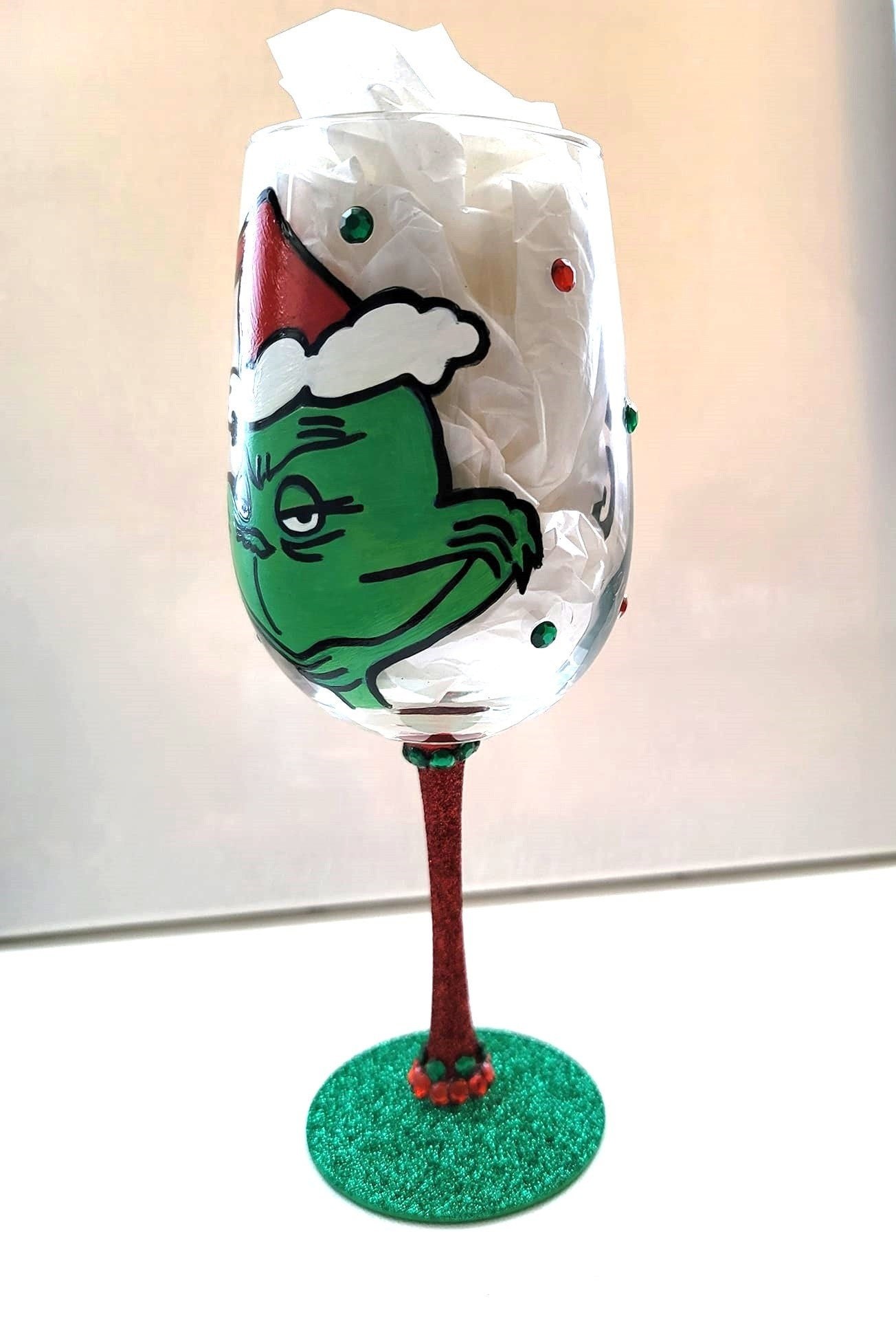 Grinch Christmas Hand Painted Wine Glass/Drink Up Grinches/Gift For Her/ Gift For Him/Christmas Gift/Party Hostess Gift, view 3