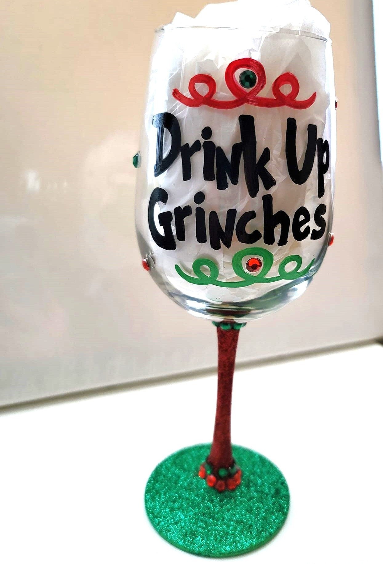 Grinch Christmas Hand Painted Wine Glass/Drink Up Grinches/Gift For Her/ Gift For Him/Christmas Gift/Party Hostess Gift, view 4