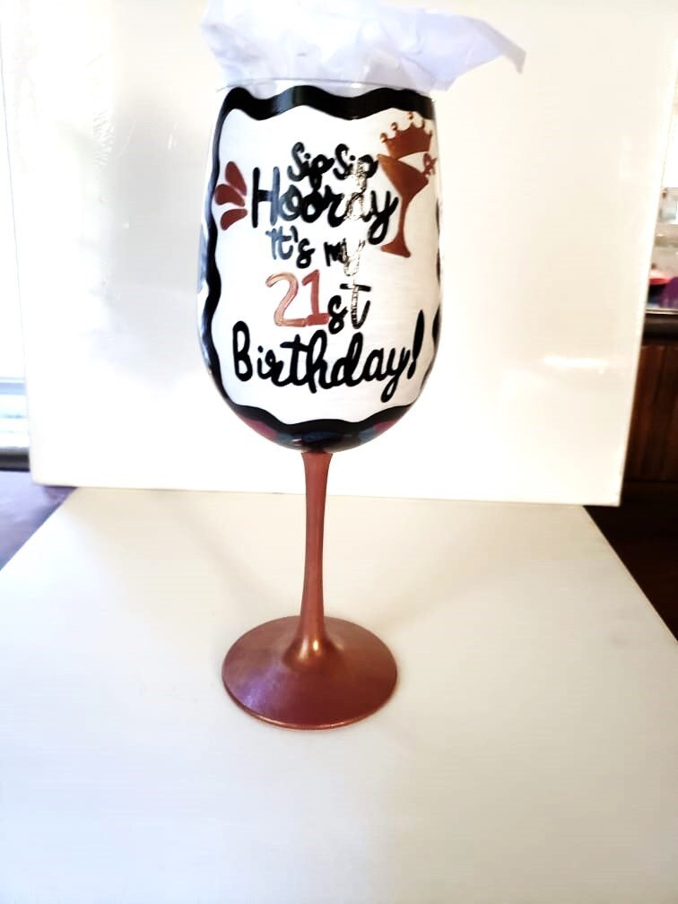 Hand Painted 21st Birthday Wine Glass - Custom Gift, view 3