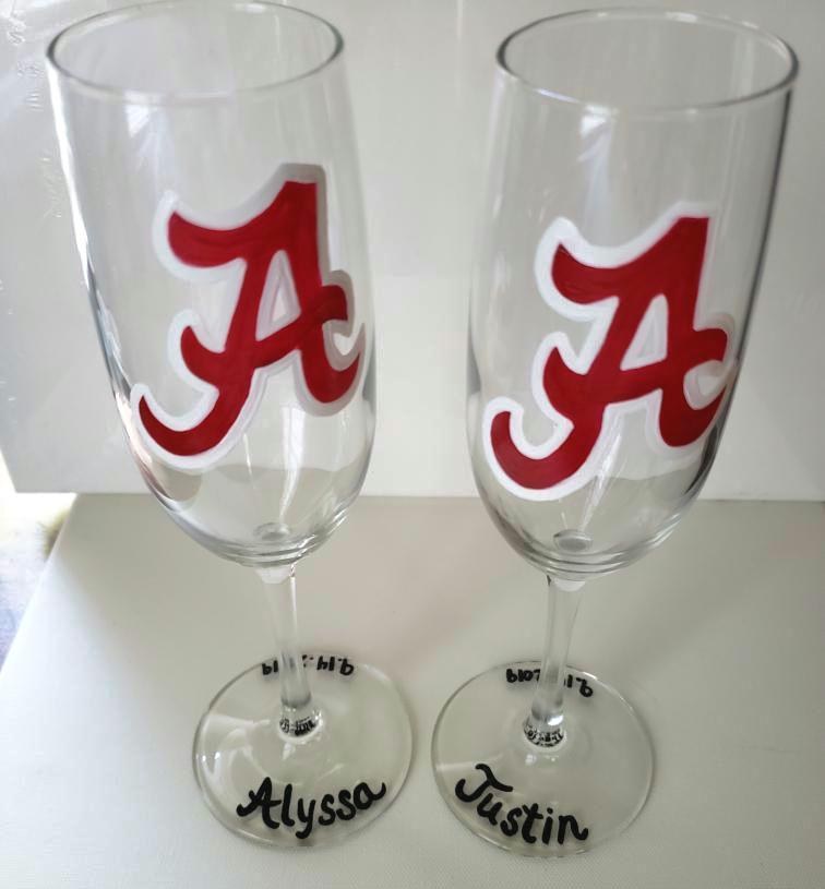 Hand Painted Alabama Crimson Tide Champagne Flutes, Wedding Gift Set