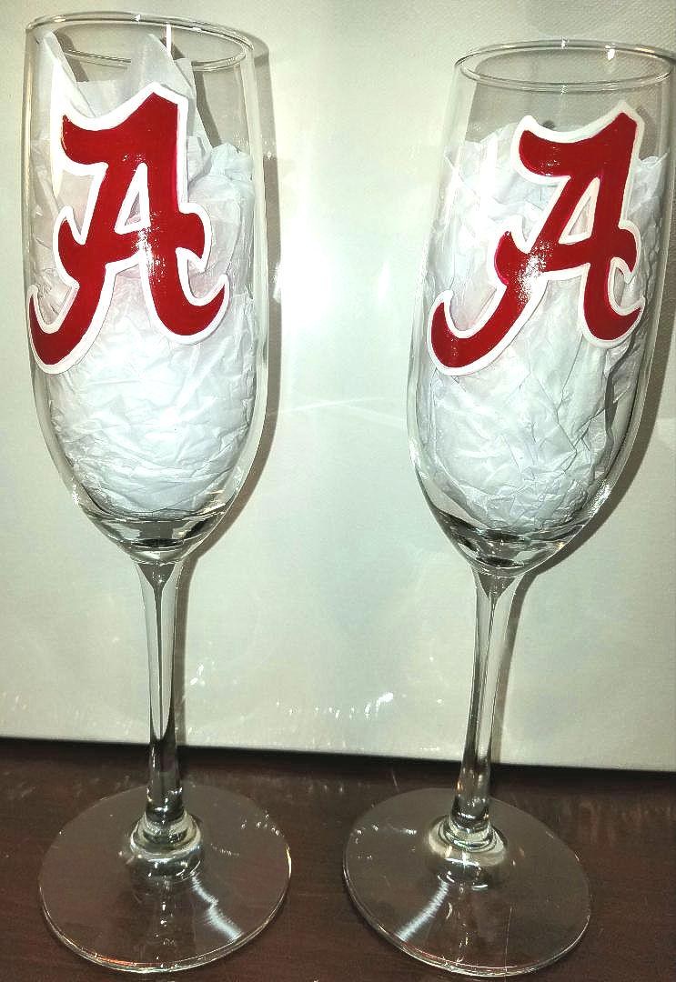 Hand Painted Alabama Crimson Tide Champagne Flutes, Wedding Gift Set, view 2