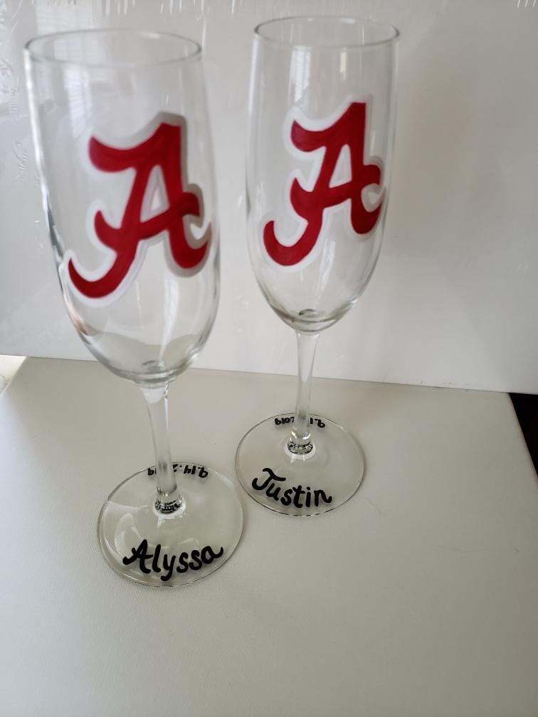 Hand Painted Alabama Crimson Tide Champagne Flutes, Wedding Gift Set, view 3