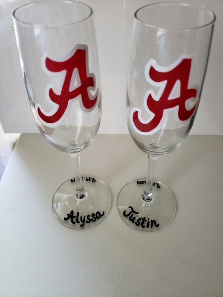 Hand Painted Alabama Crimson Tide Champagne Flutes, Wedding Gift Set, view 4