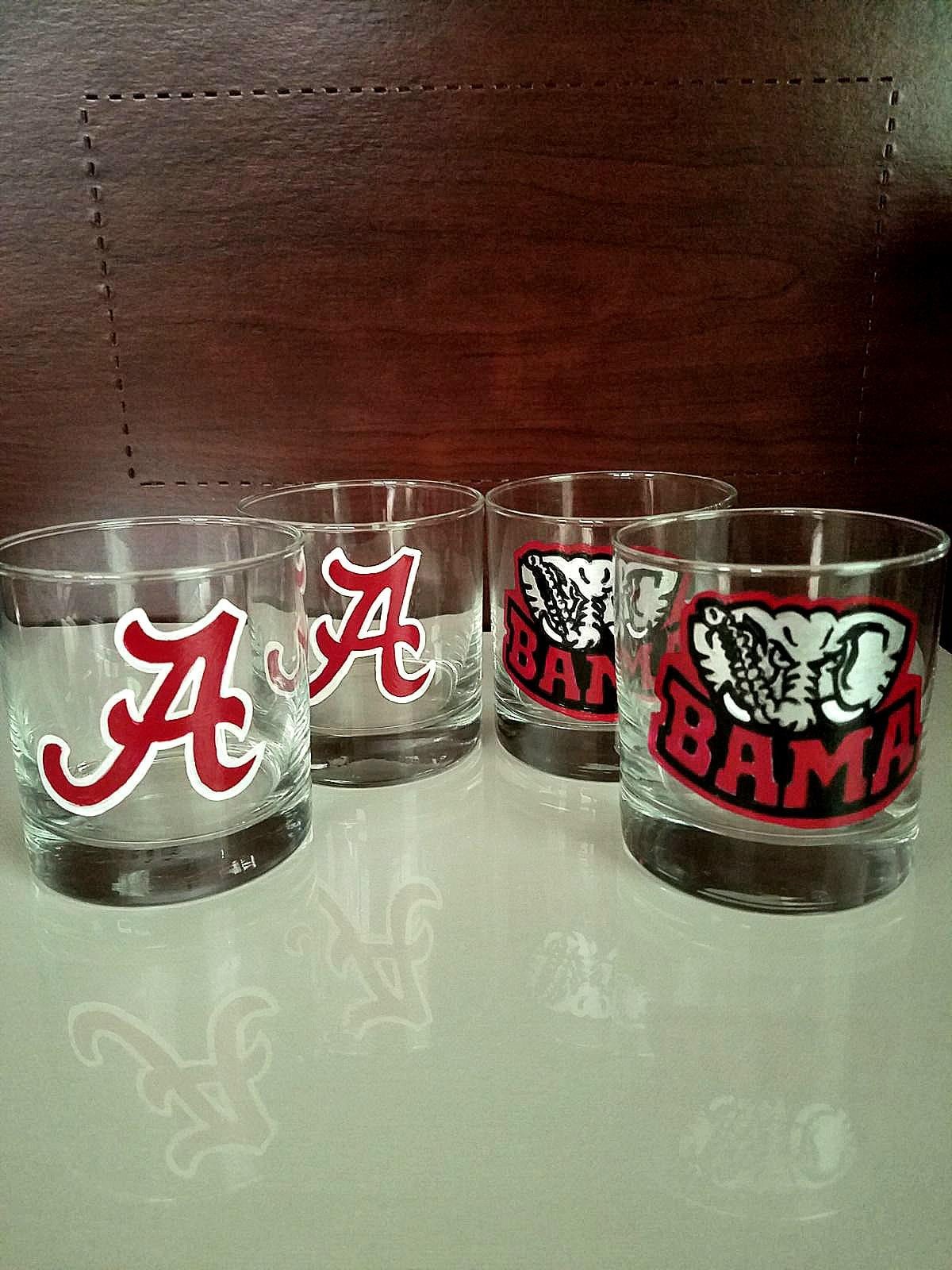 Hand Painted Alabama Crimson Tide Whiskey Glasses, Set of 4