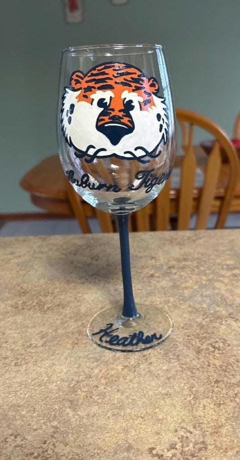 Hand Painted Aubie Wine Glass, College Graduation Gift, view 2