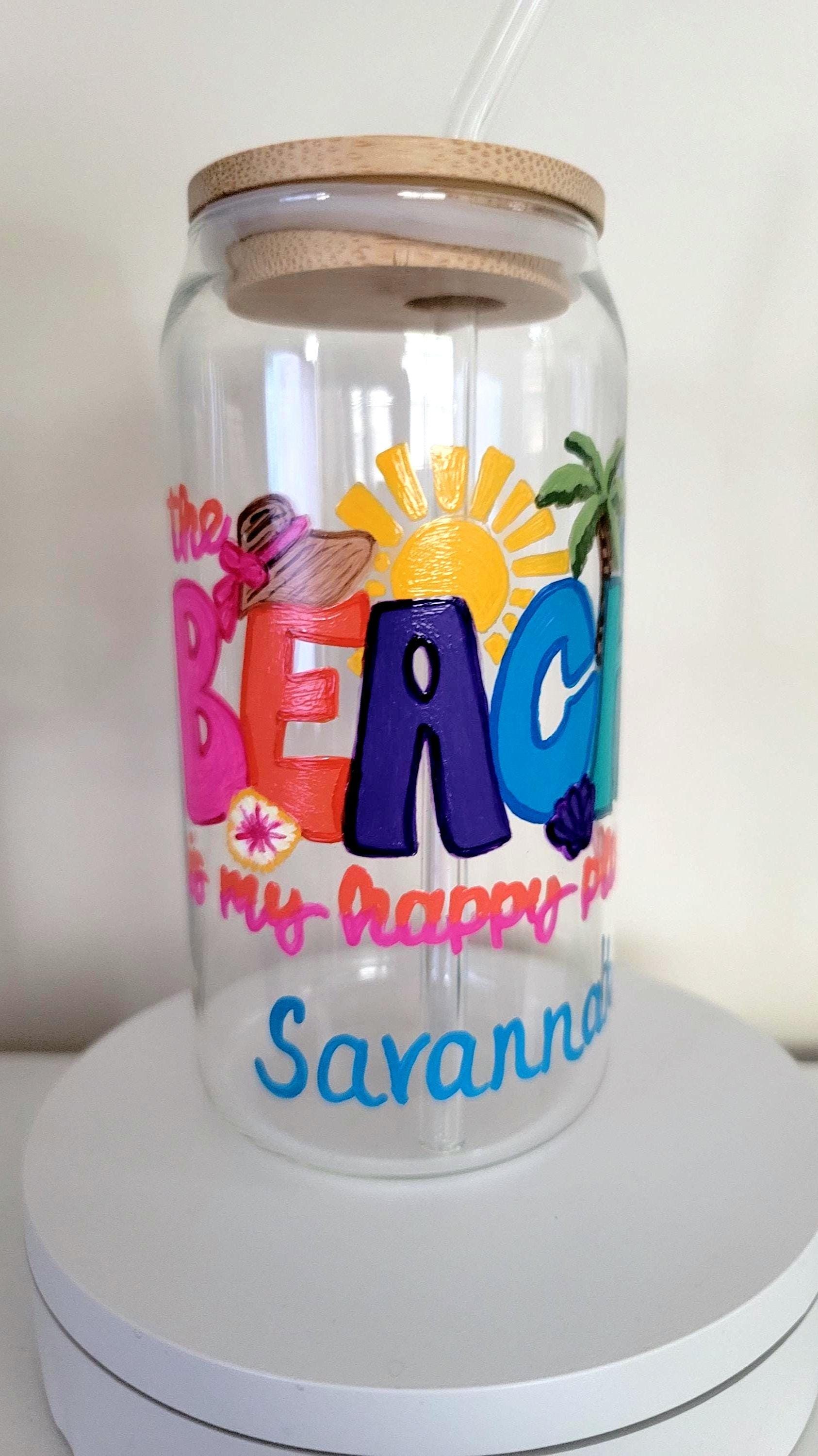 Hand Painted Beach Glass Tumbler with Bamboo Lid & Straw, 20 oz