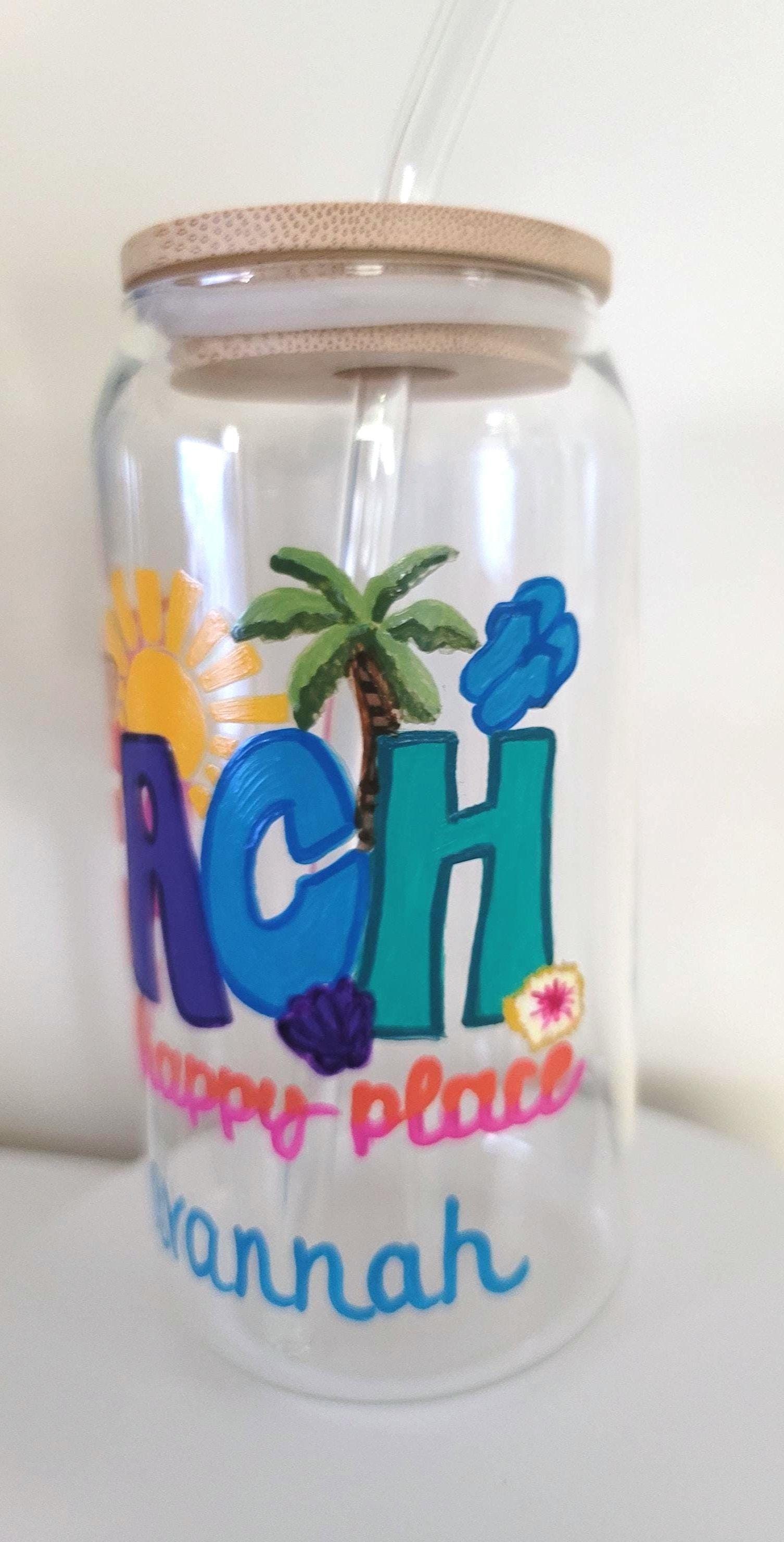 Hand Painted Beach Glass Tumbler with Bamboo Lid & Straw, 20 oz, view 3