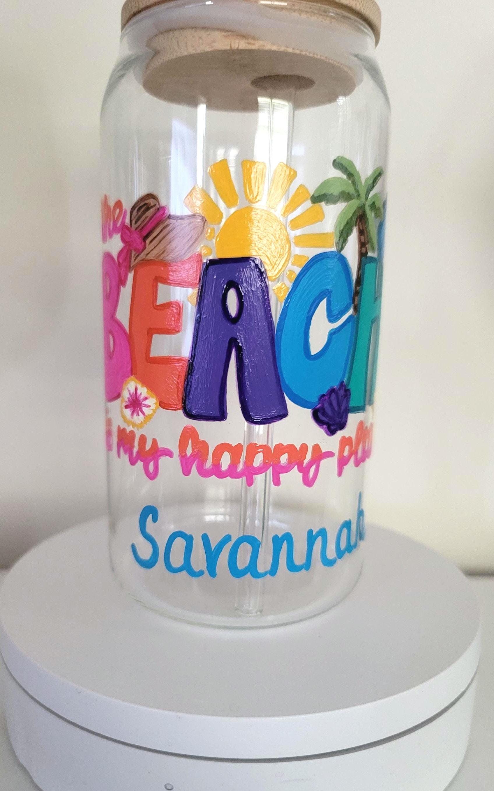 Hand Painted Beach Glass Tumbler with Bamboo Lid & Straw, 20 oz, view 4