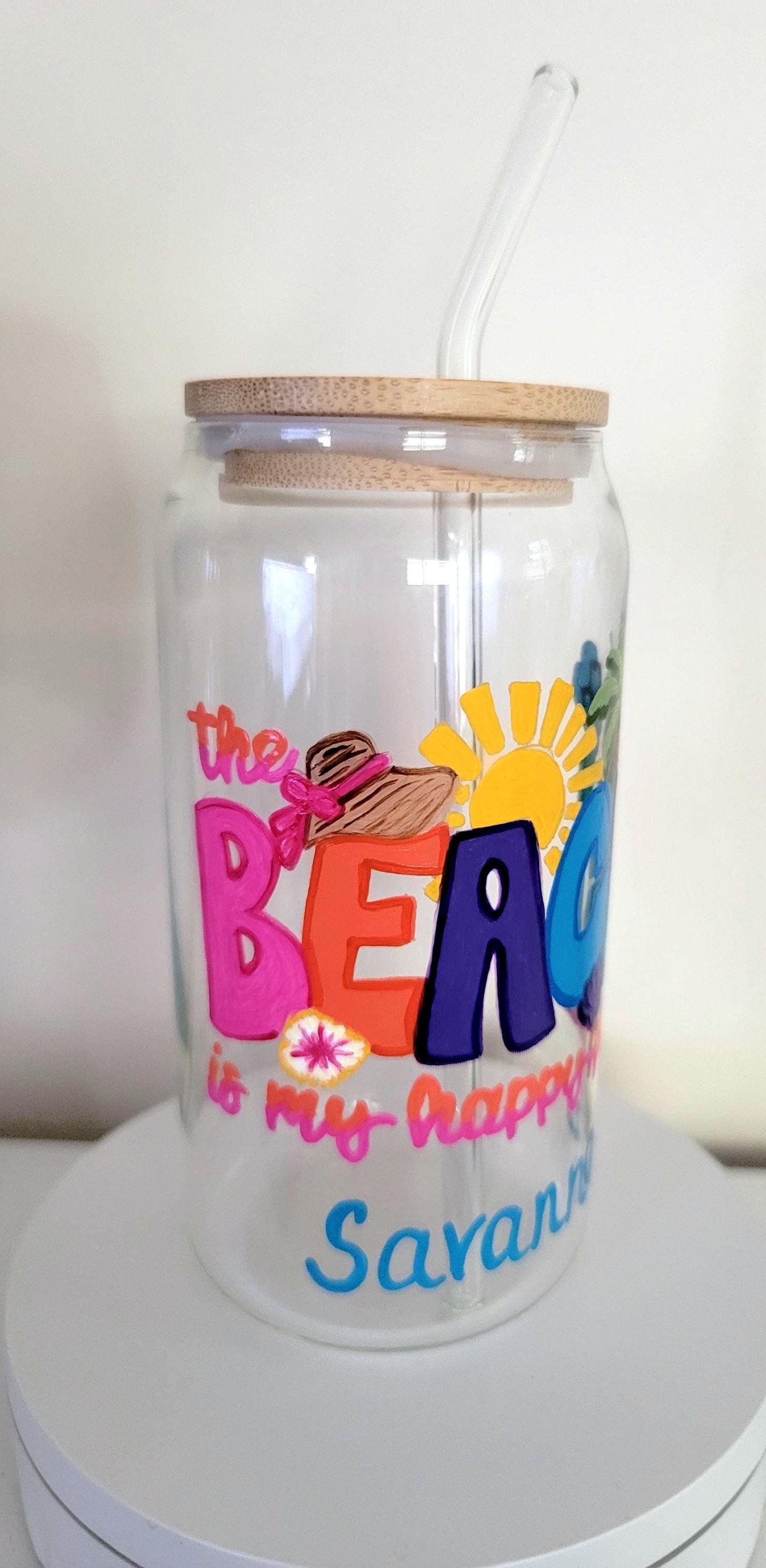 Hand Painted Beach Glass Tumbler with Bamboo Lid & Straw, 20 oz, view 5
