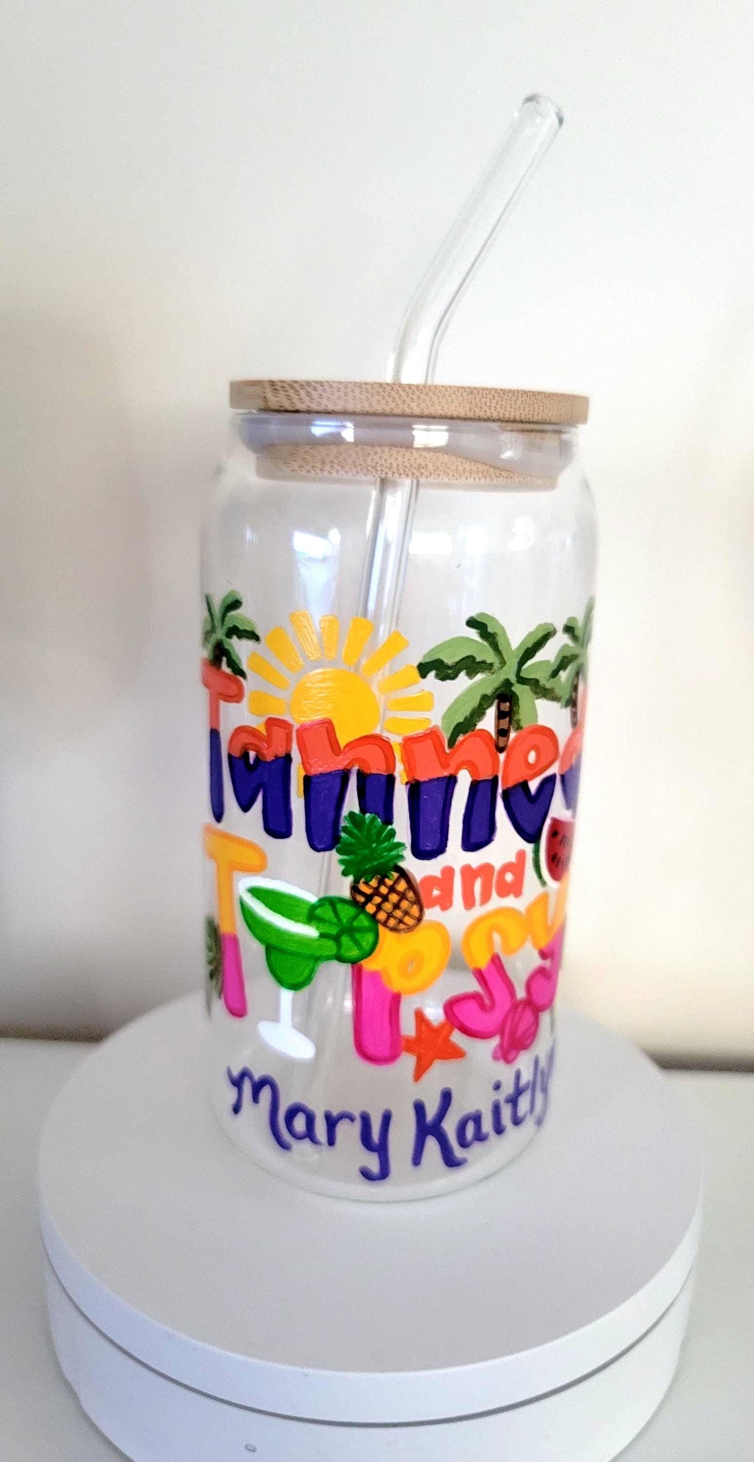 Hand Painted Beach Theme Glass Tumbler, Bamboo Lid & Straw