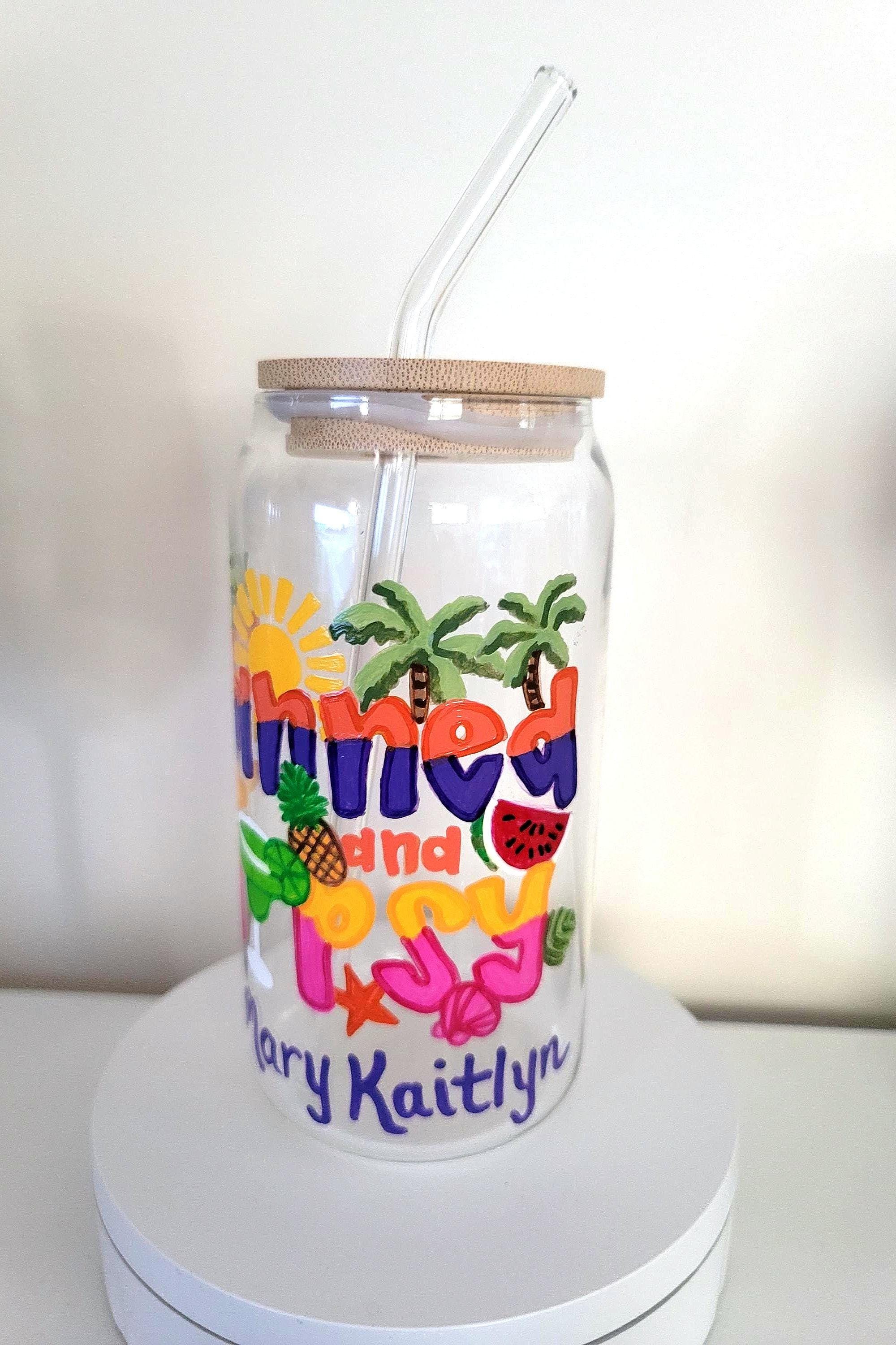 Hand Painted Beach Theme Glass Tumbler, Bamboo Lid & Straw, view 2