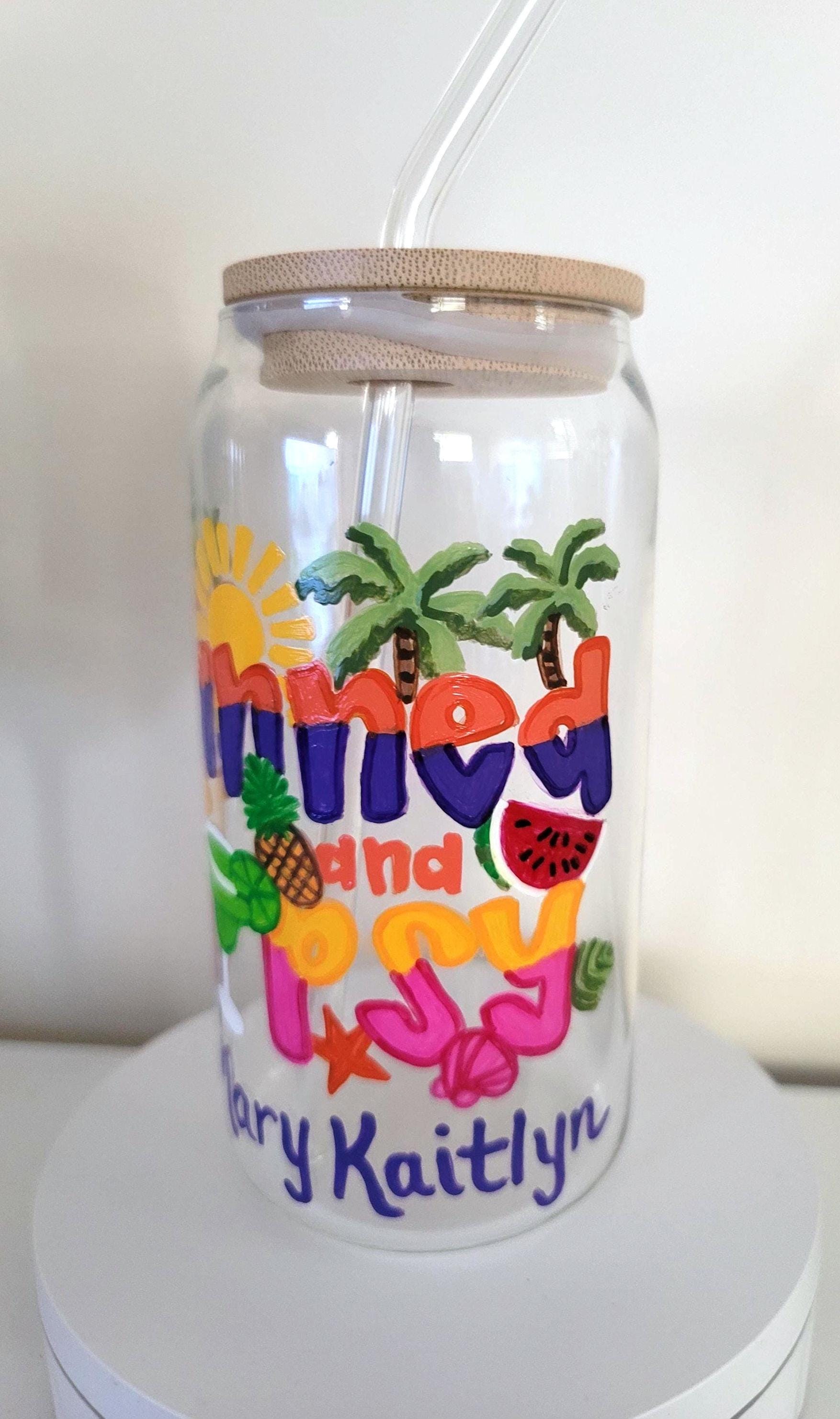 Hand Painted Beach Theme Glass Tumbler, Bamboo Lid & Straw, view 3