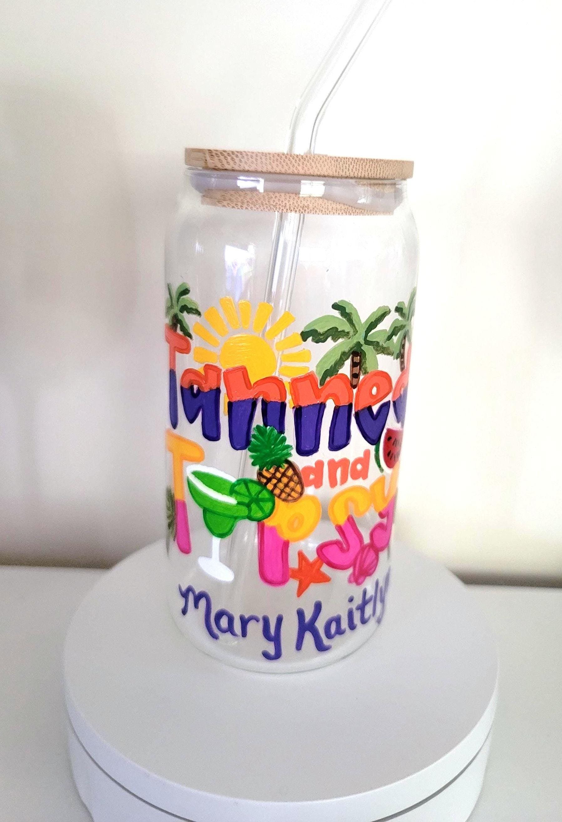 Hand Painted Beach Theme Glass Tumbler, Bamboo Lid & Straw, view 4