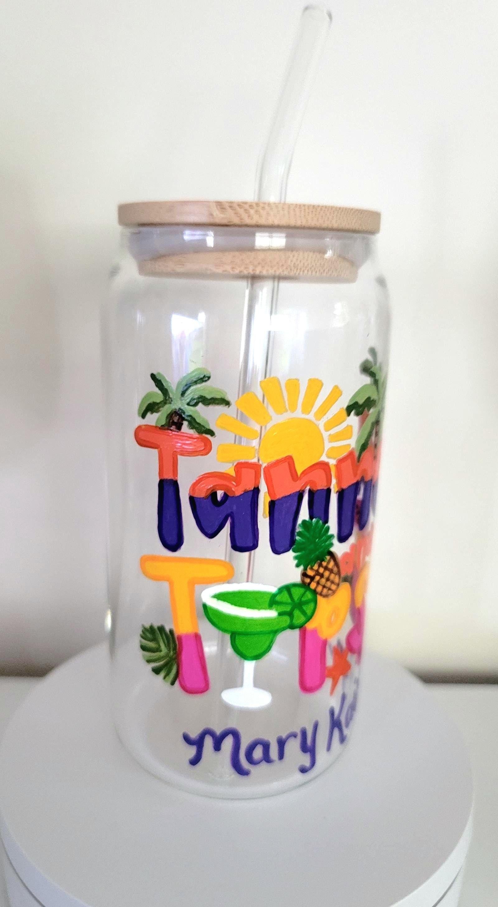 Hand Painted Beach Theme Glass Tumbler, Bamboo Lid & Straw, view 5