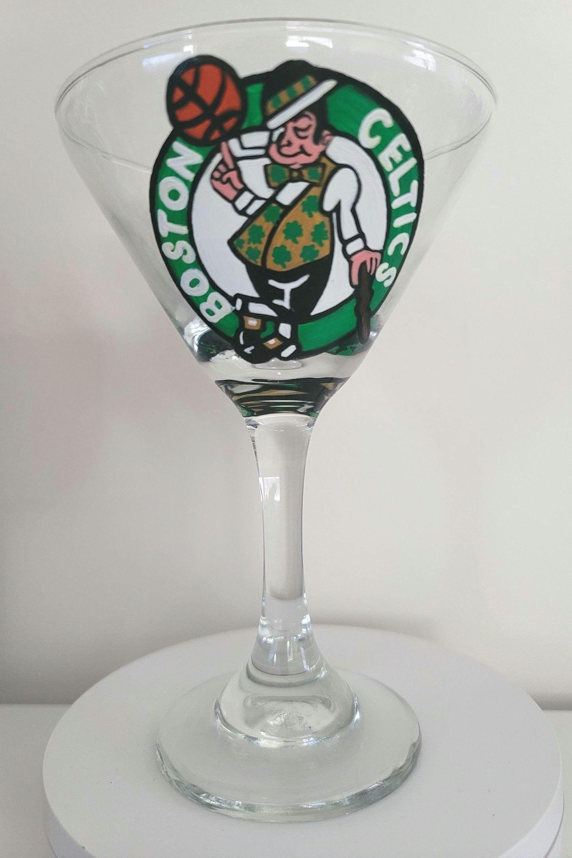 Hand Painted Boston Celtics Martini Glass, NBA Barware, view 2