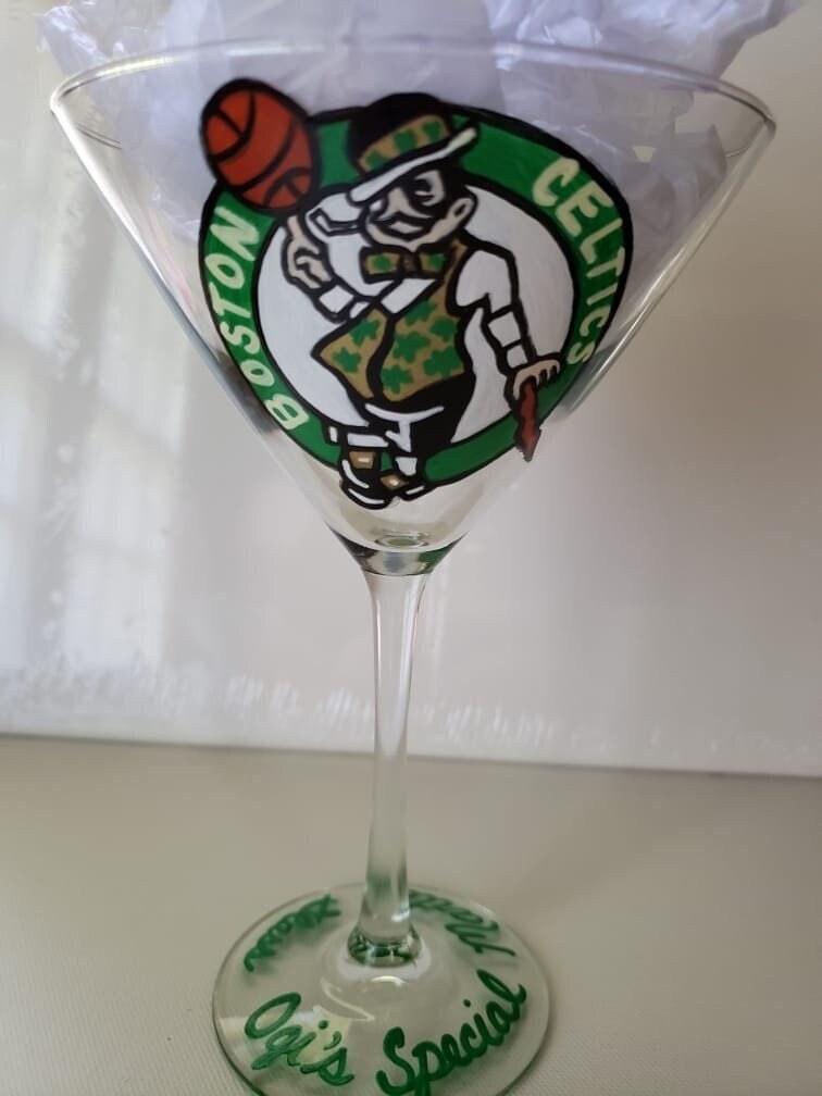 Hand Painted Boston Celtics Martini Glass, NBA Barware, view 3