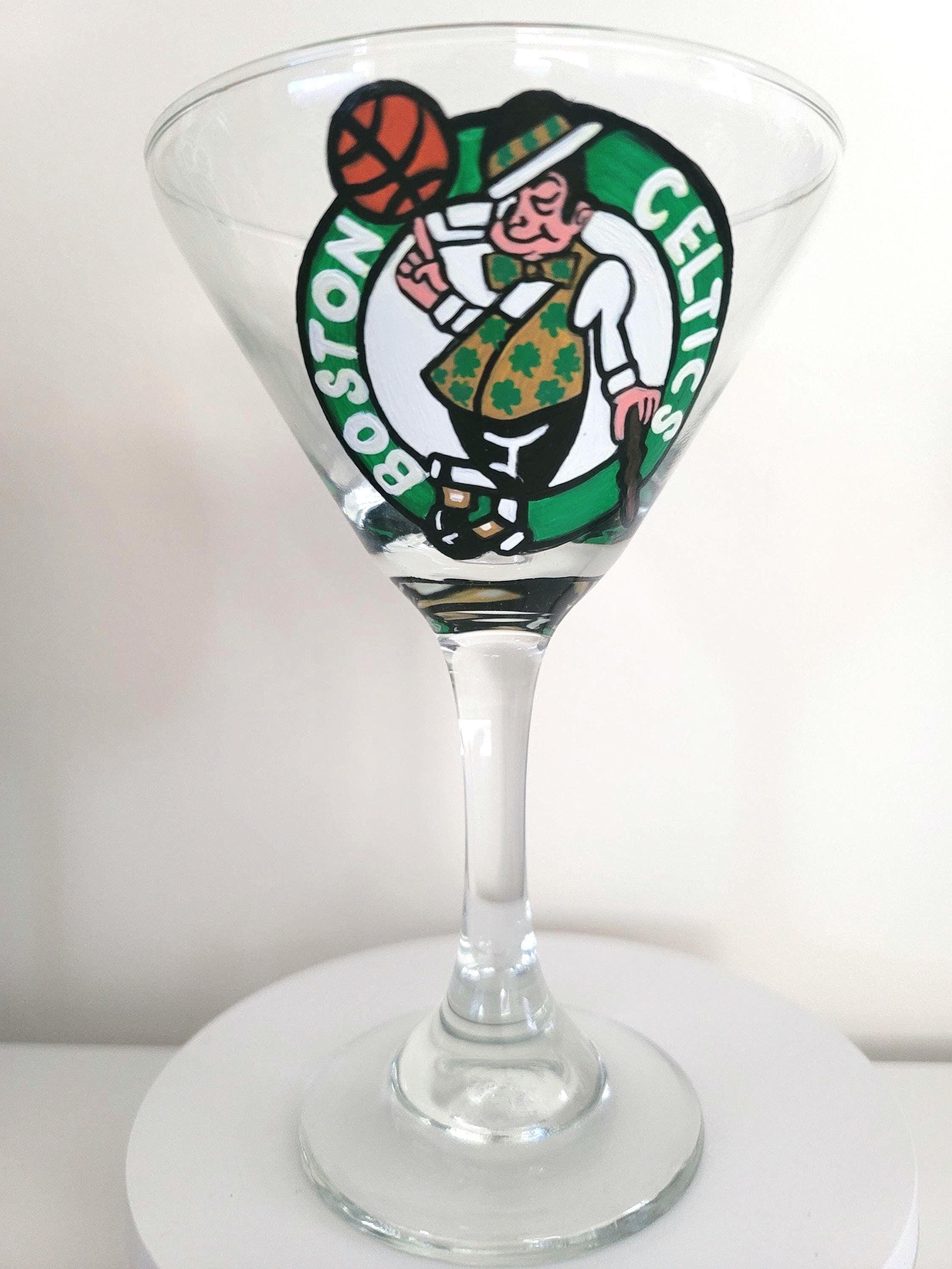 Hand Painted Boston Celtics Martini Glass, NBA Barware, view 4
