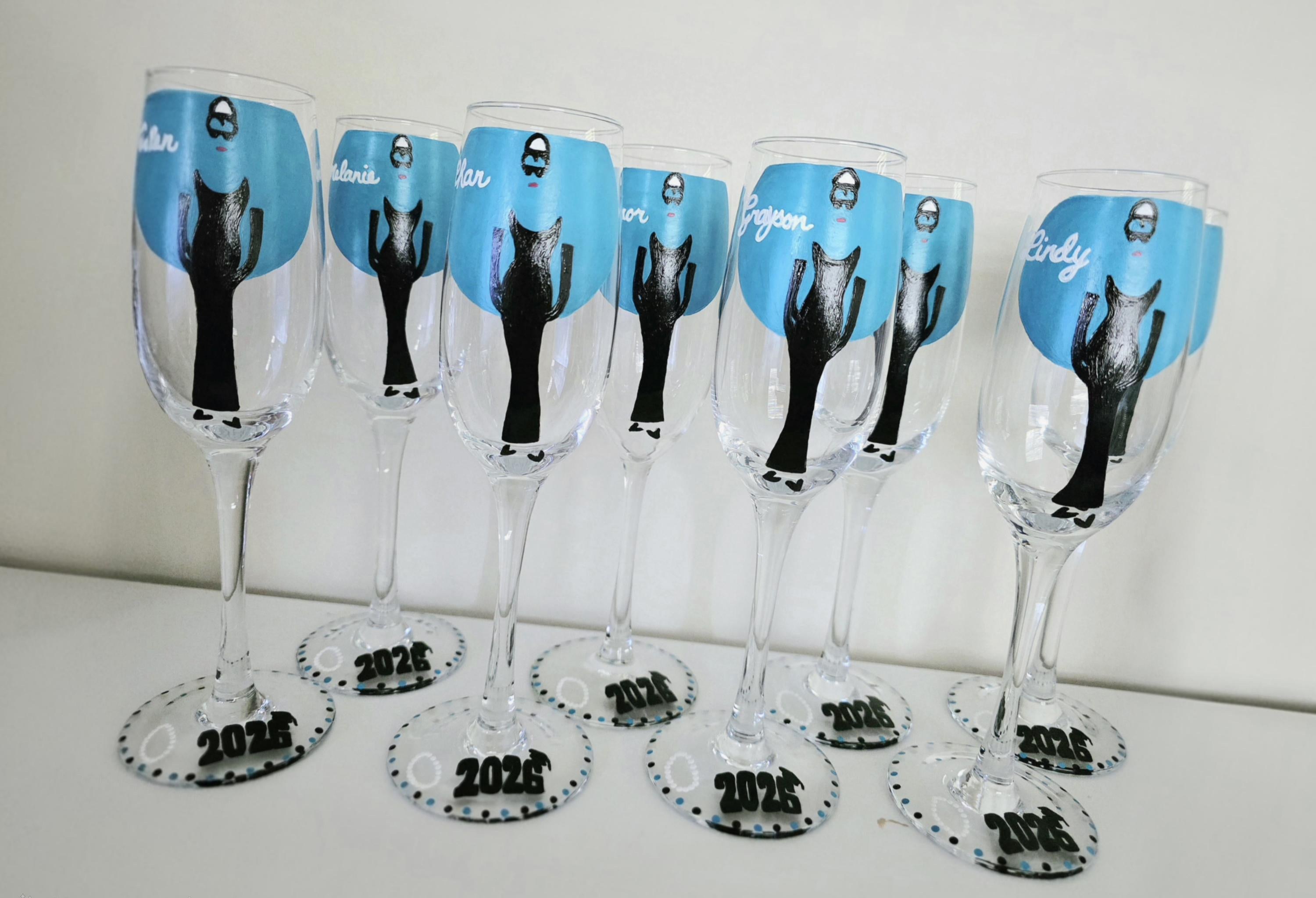 Hand Painted Breakfast at Tiffany's Champagne Glasses, Graduation Gift/Class of 2026/Graduation Tea, view 5