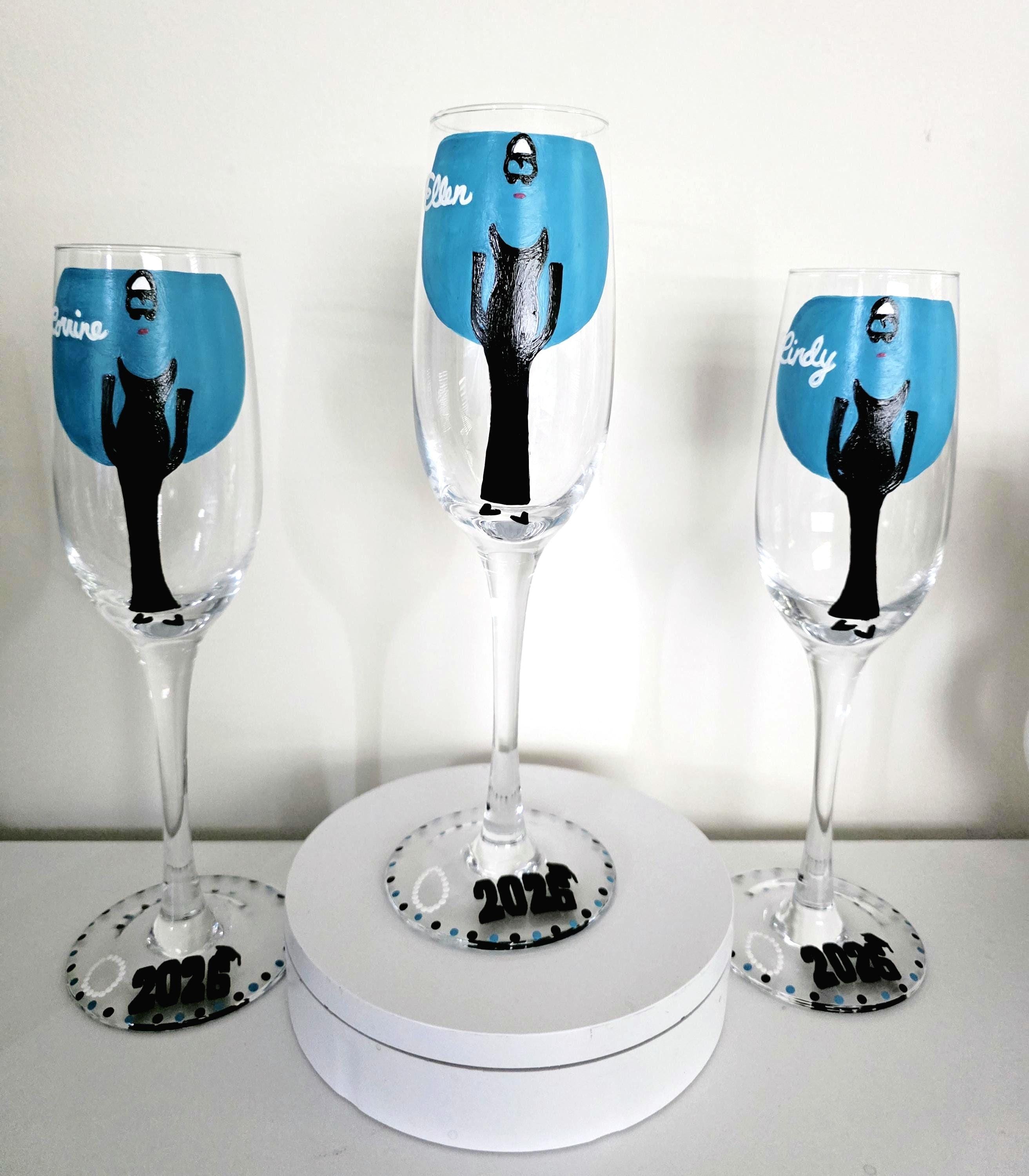 Hand Painted Breakfast at Tiffany's Champagne Glasses, Graduation Gift/Class of 2026/Graduation Tea, view 4
