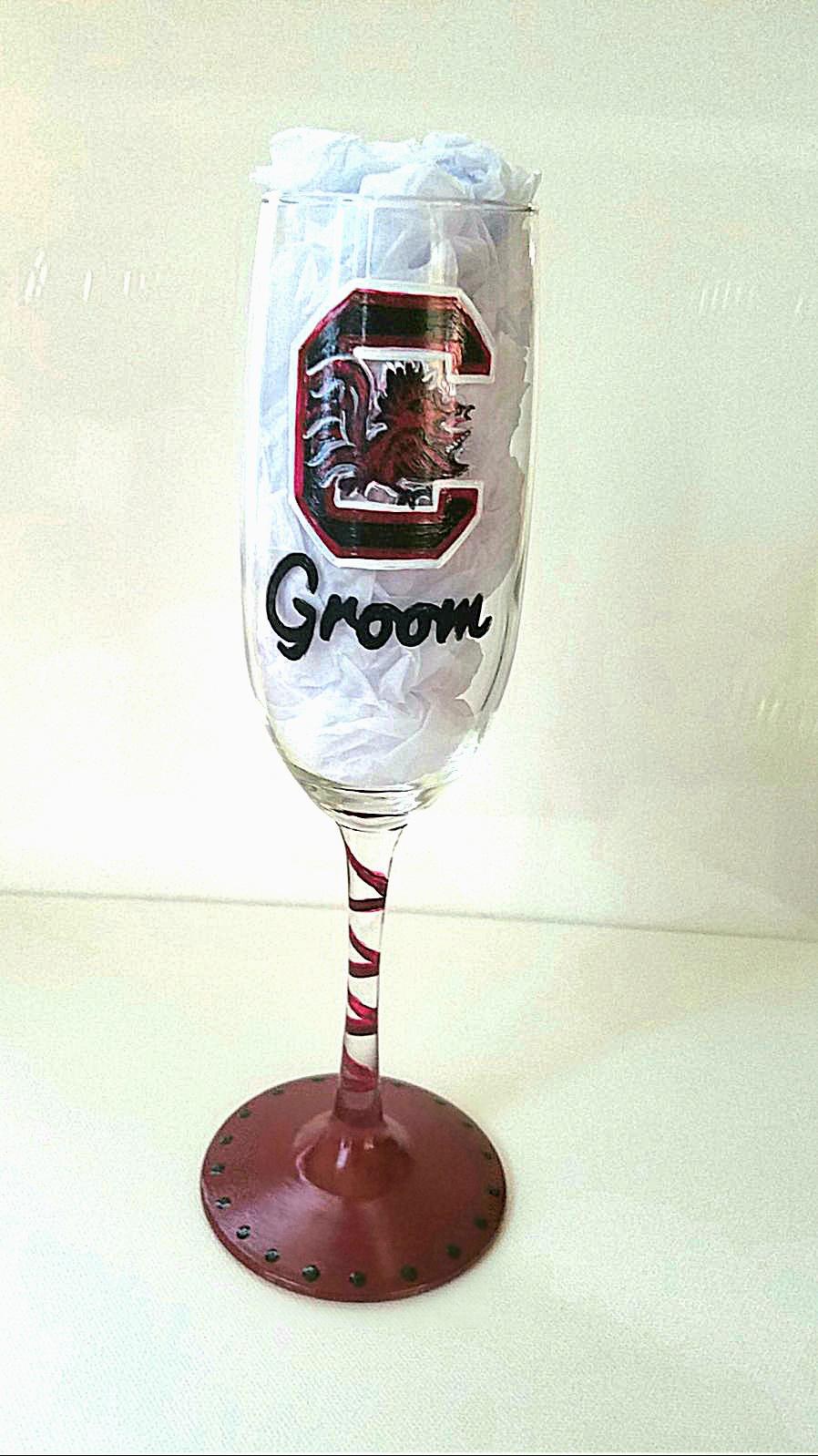 Hand Painted Champagne Glasses: Bride & Groom, Collegiate Theme, view 2