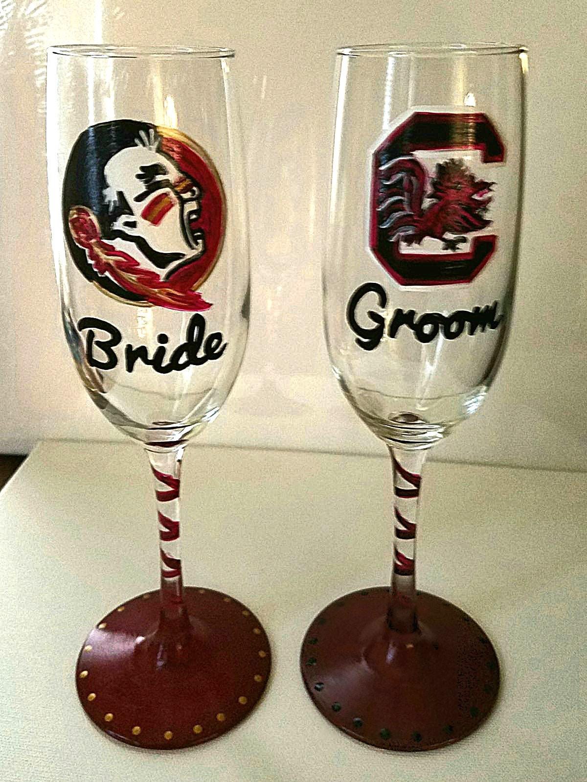 Hand Painted Champagne Glasses: Bride & Groom, Collegiate Theme, view 4
