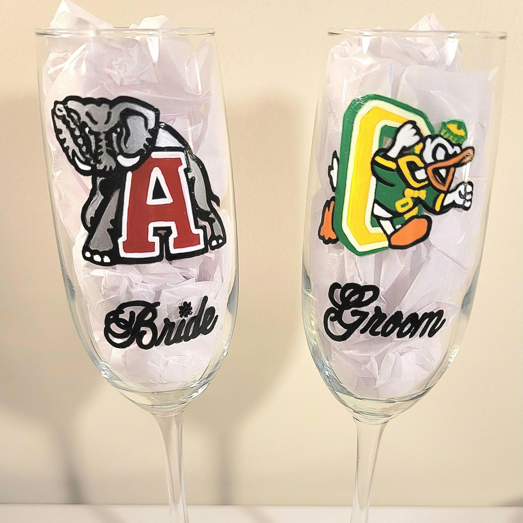 Hand Painted College Champagne Glasses, Bride and Groom Set