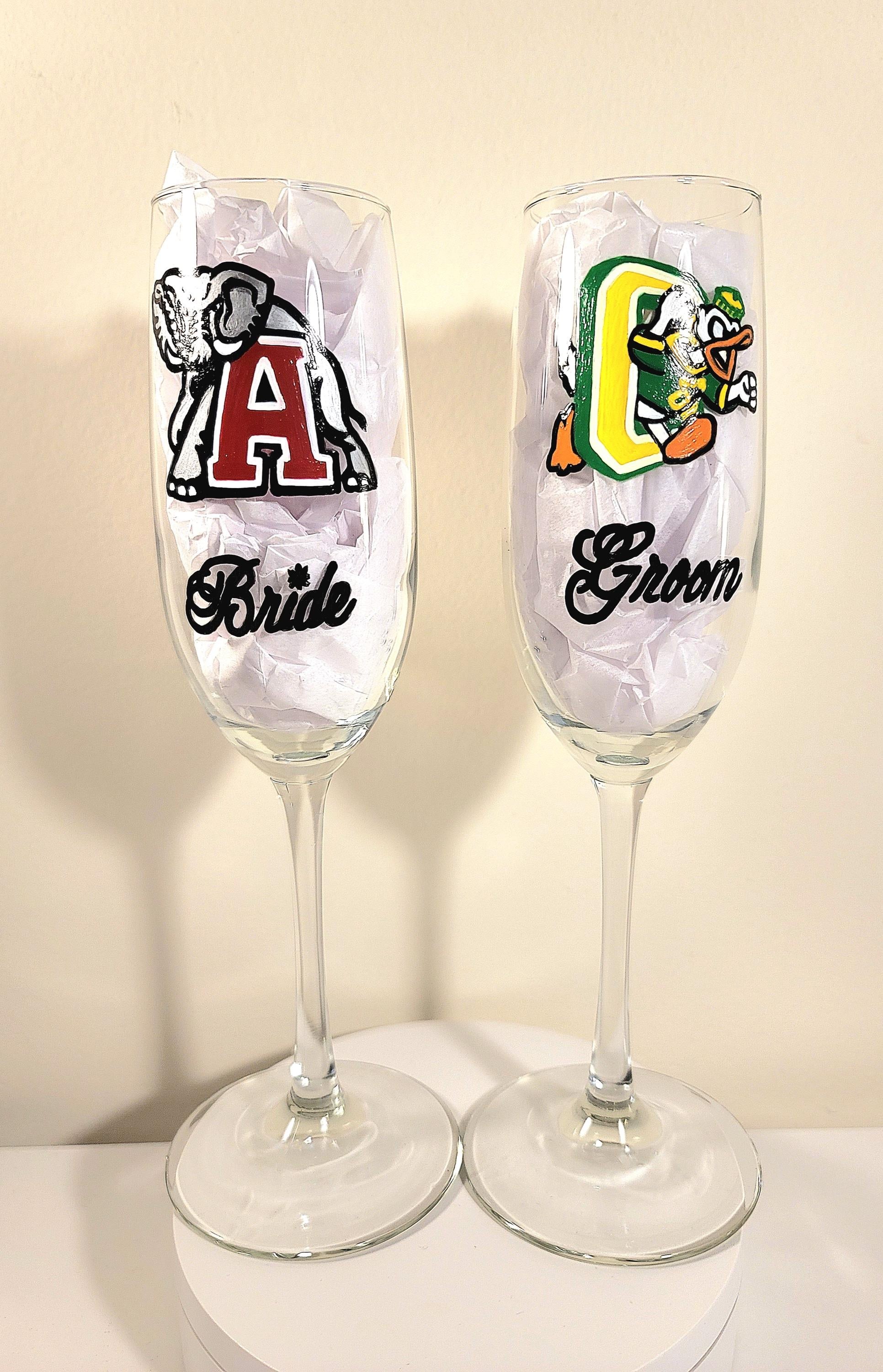 Hand Painted College Champagne Glasses, Bride and Groom Set, view 4