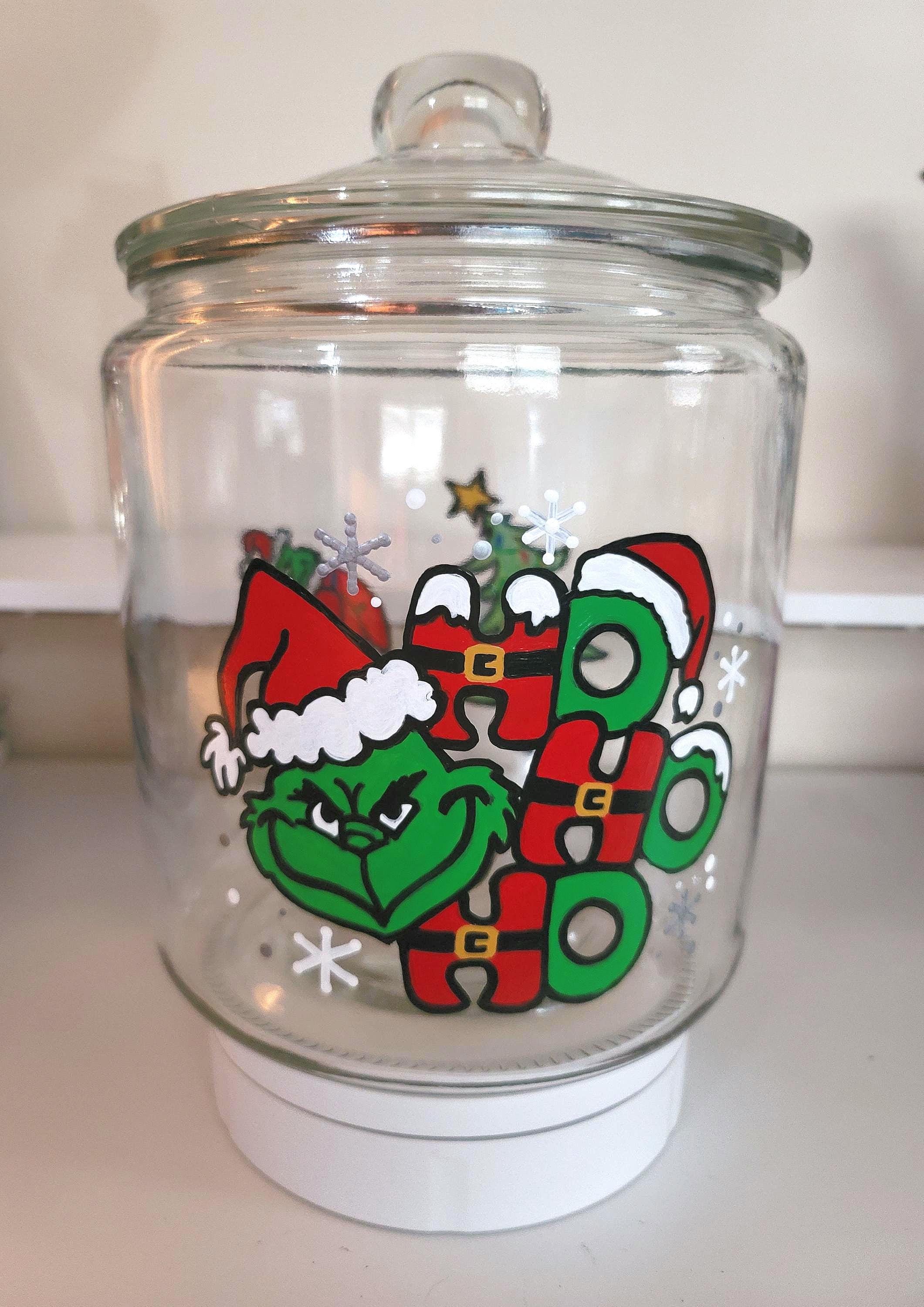 Hand Painted Grinch Christmas Cookie Jar: Holiday Candy Storage, view 3