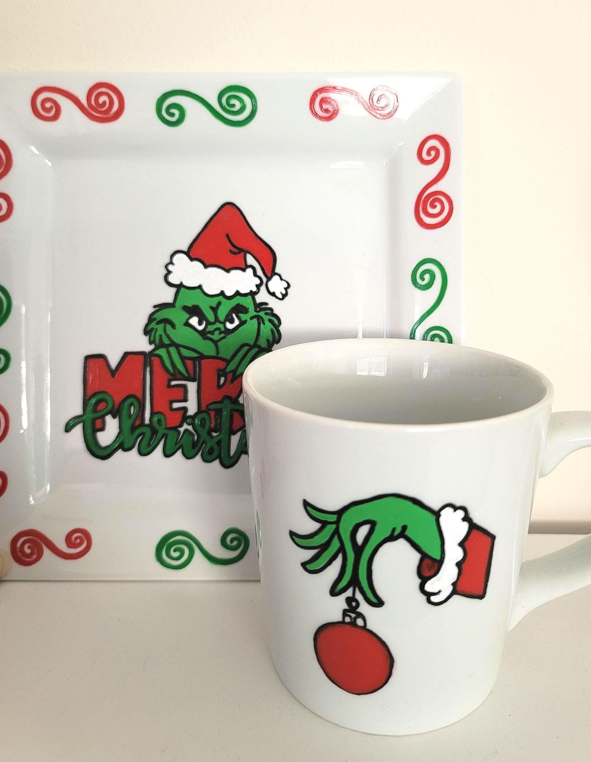 Hand Painted Grinch Plate and Mug Set, Christmas Gift, view 2