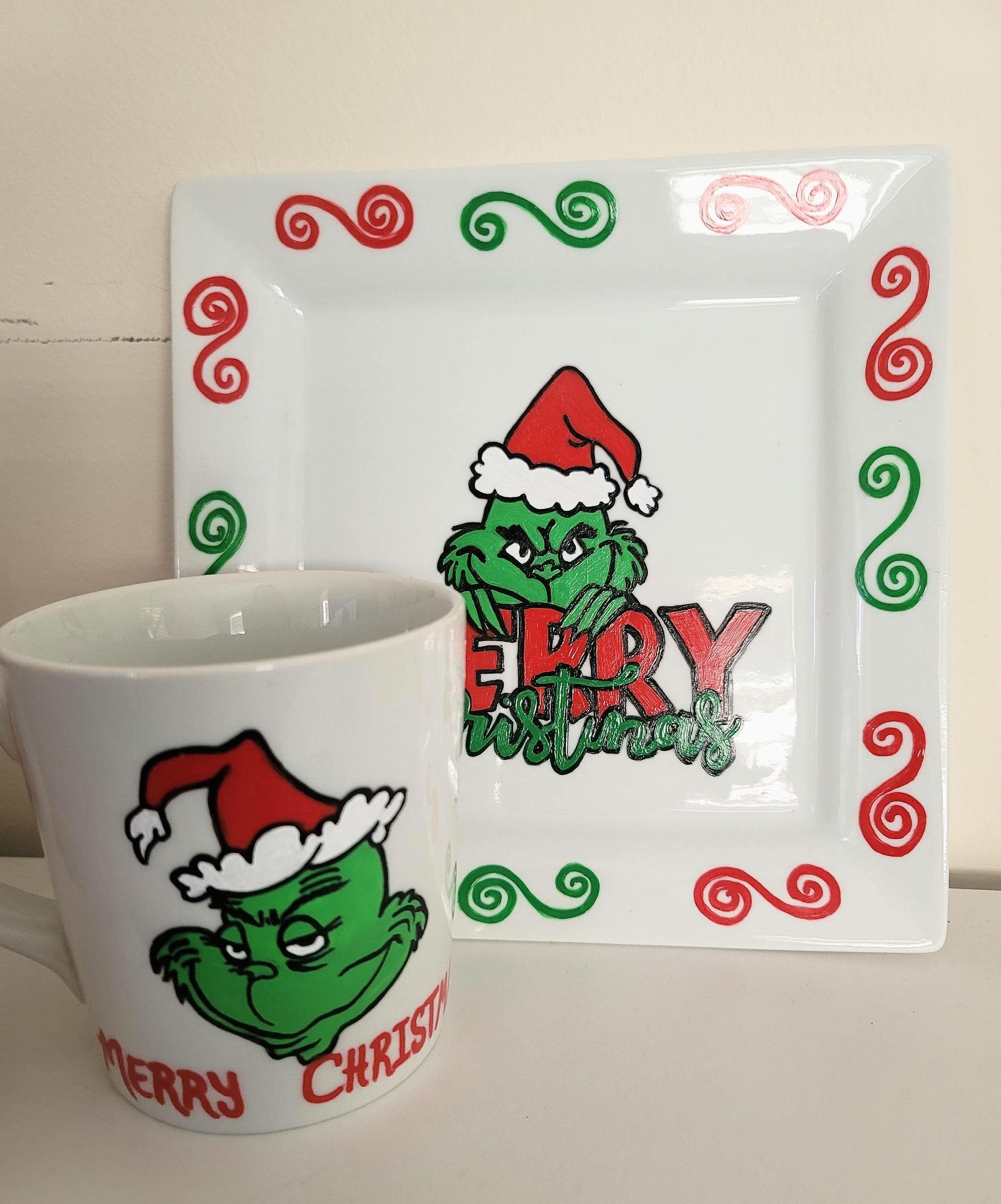 Hand Painted Grinch Plate and Mug Set, Christmas Gift, view 4