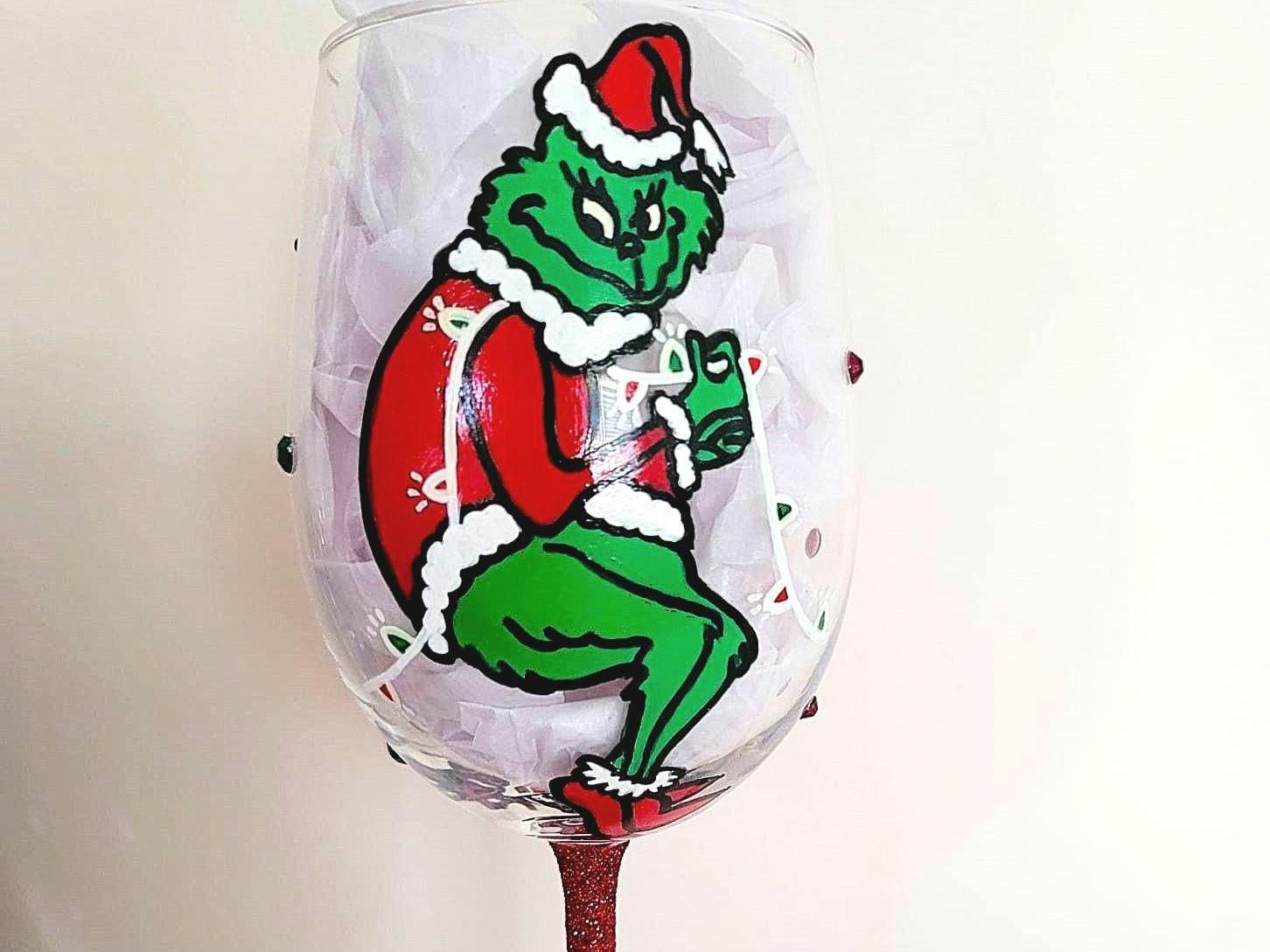 Hand Painted Grinch Wine Glass with Rhinestone Stem