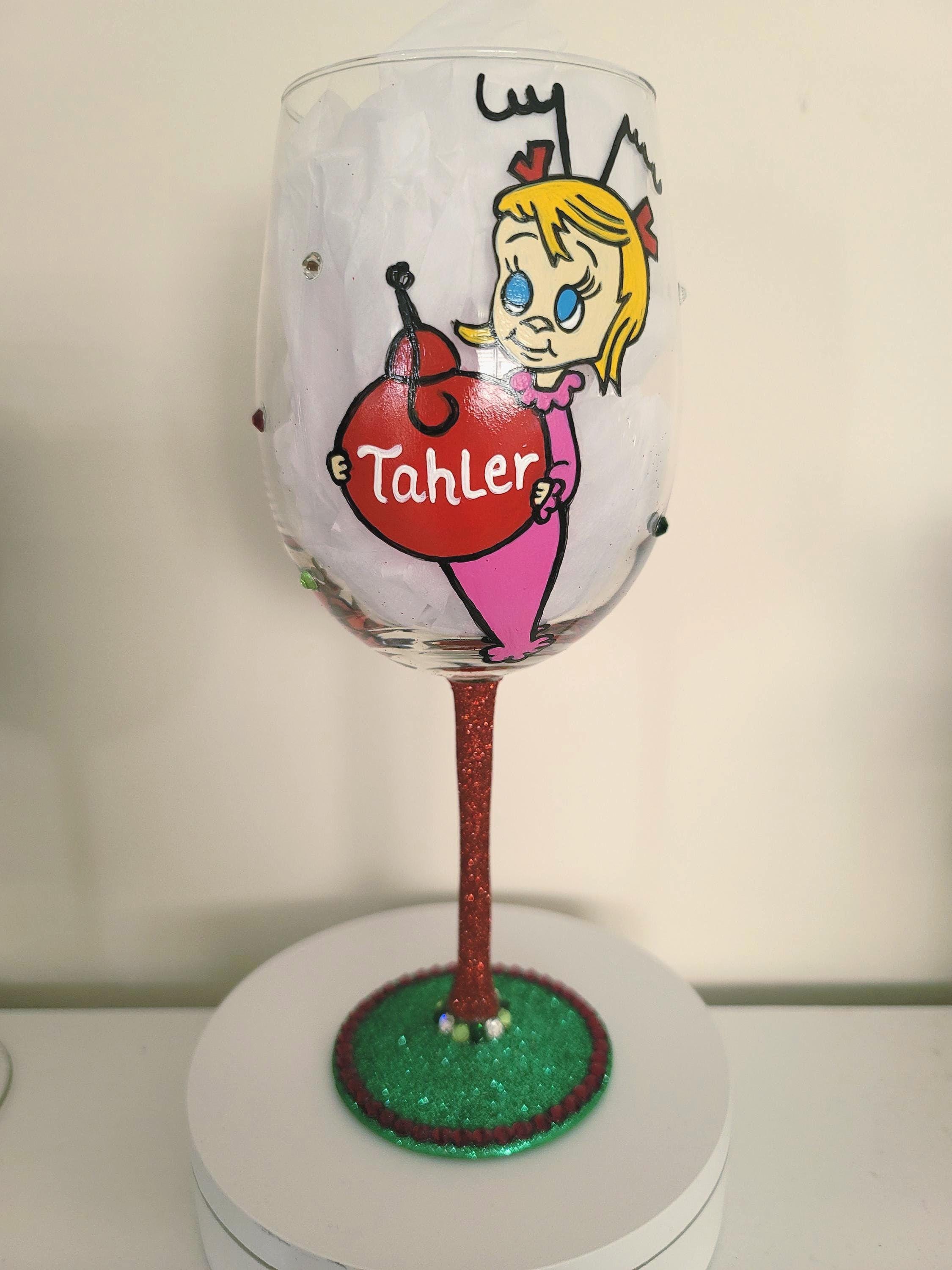 Hand Painted Grinch Wine Glass with Rhinestone Stem, view 2