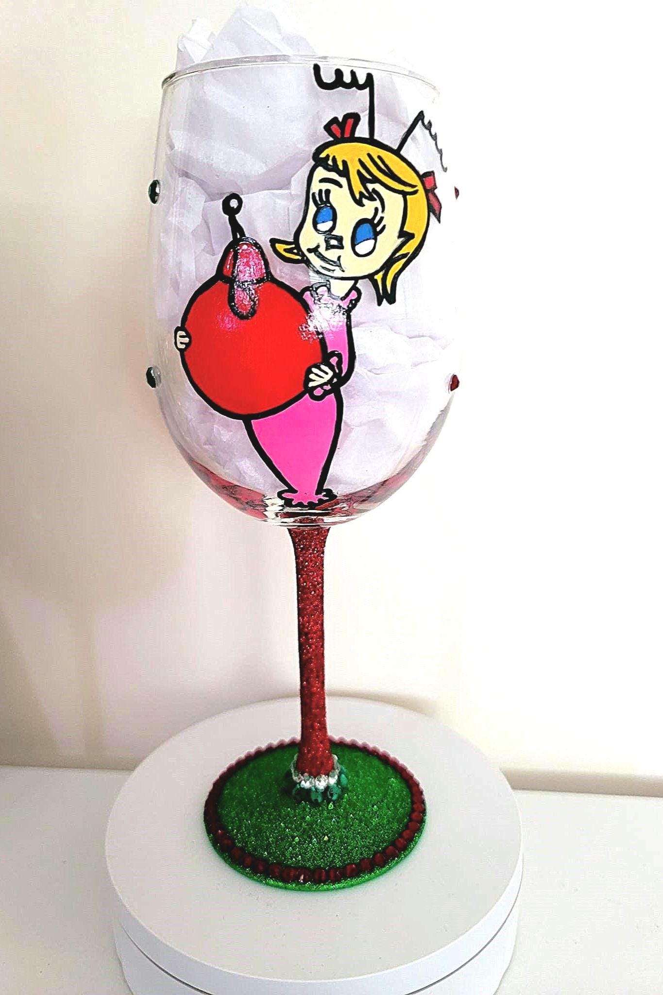 Hand Painted Grinch Wine Glass with Rhinestone Stem, view 3