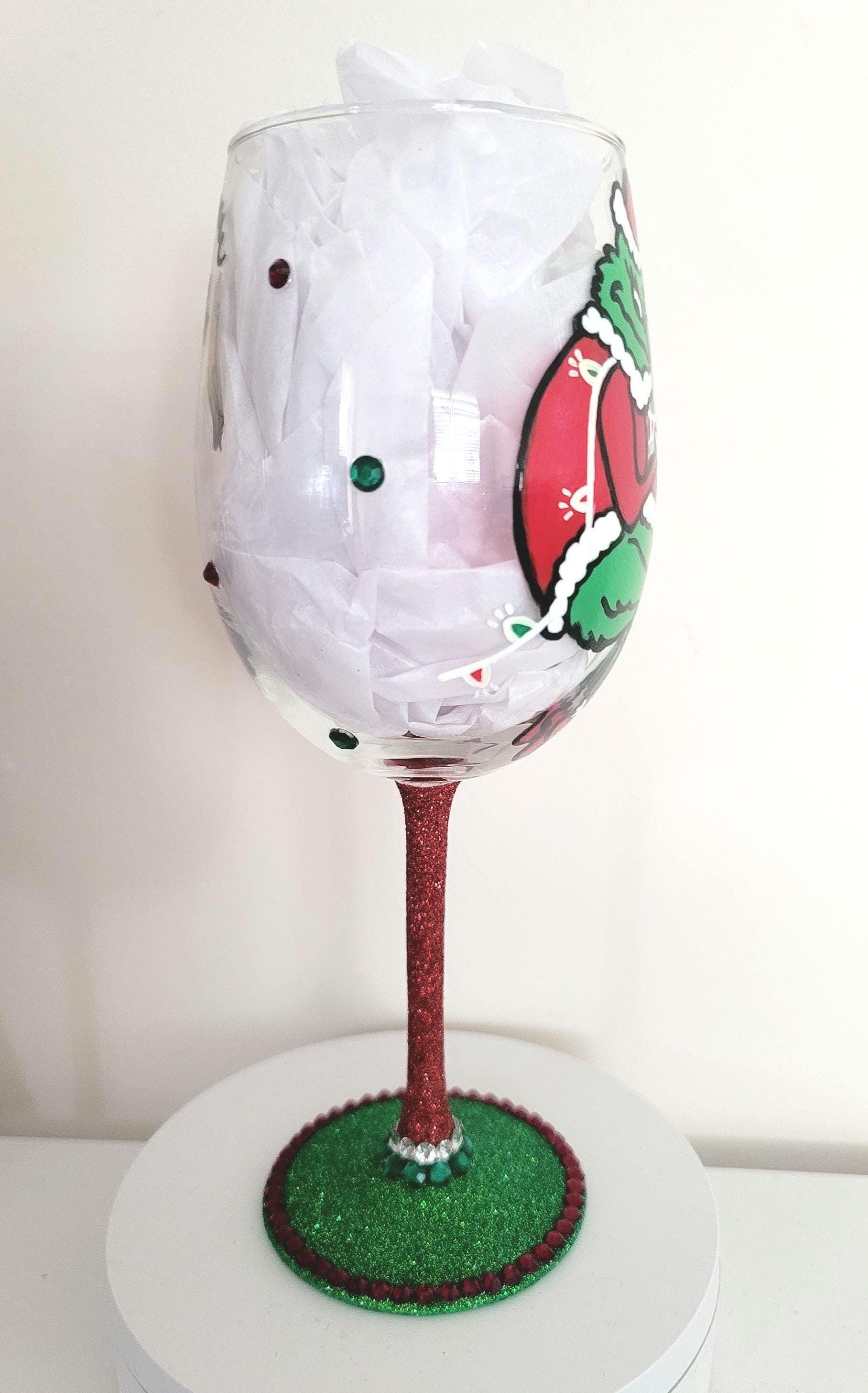 Hand Painted Grinch Wine Glass with Rhinestone Stem, view 4