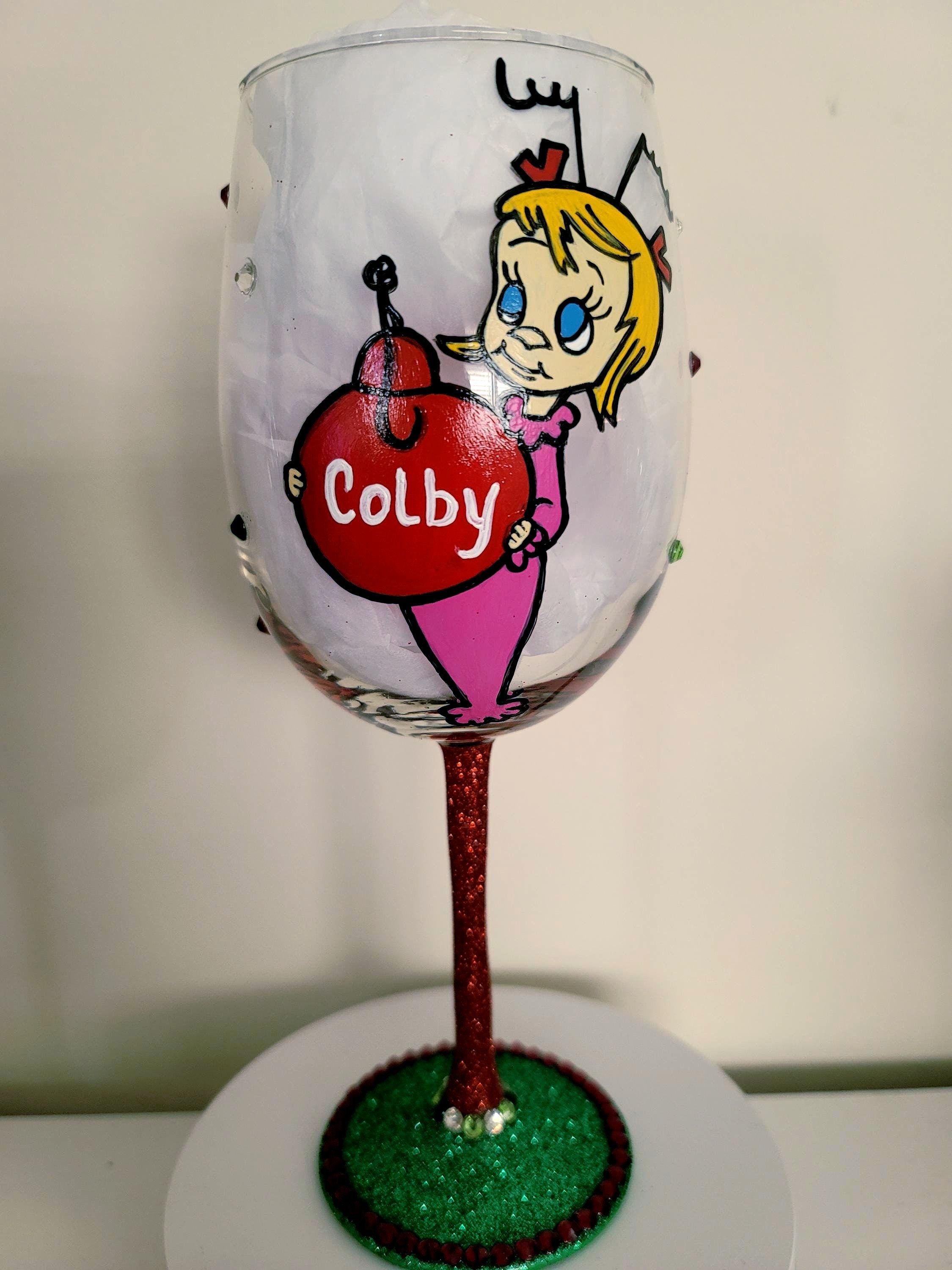 Hand Painted Grinch Wine Glass with Rhinestone Stem, view 5