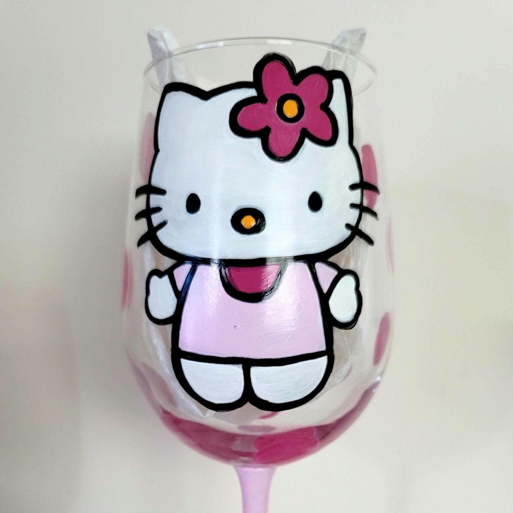 Hand Painted Hello Kitty Wine Glasses/ 18 oz/Glassware/Hello Kitty/Gift for her/Birthday/Mothers Day/Christmas Gift Glass/Bling Wine Glass