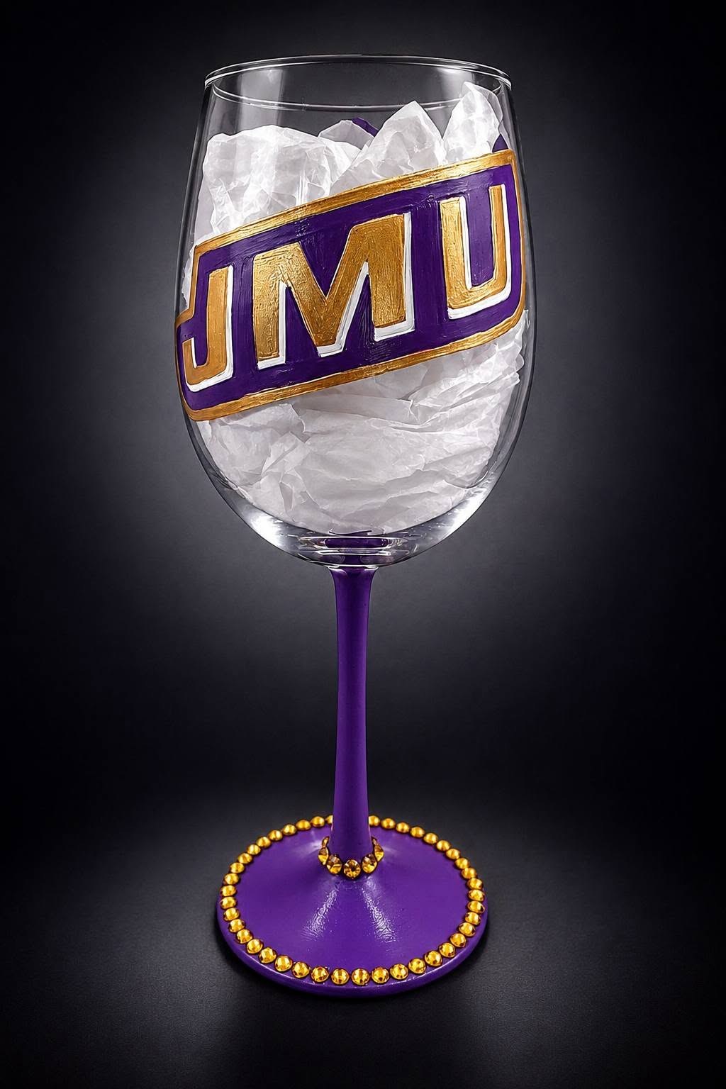 Hand Painted James Madison University wine glass,Graduation glass, College glassware