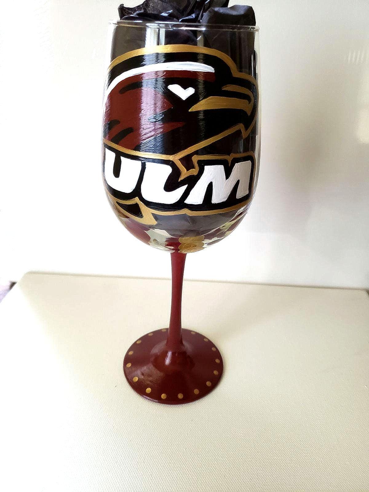 Hand Painted Louisiana Monroe Warhawks Wine Glass, view 3