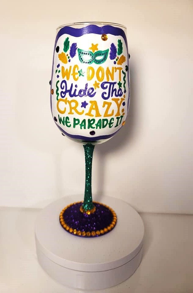 Hand Painted Mardi Gras Wine Glass, Bling Party Barware, view 2