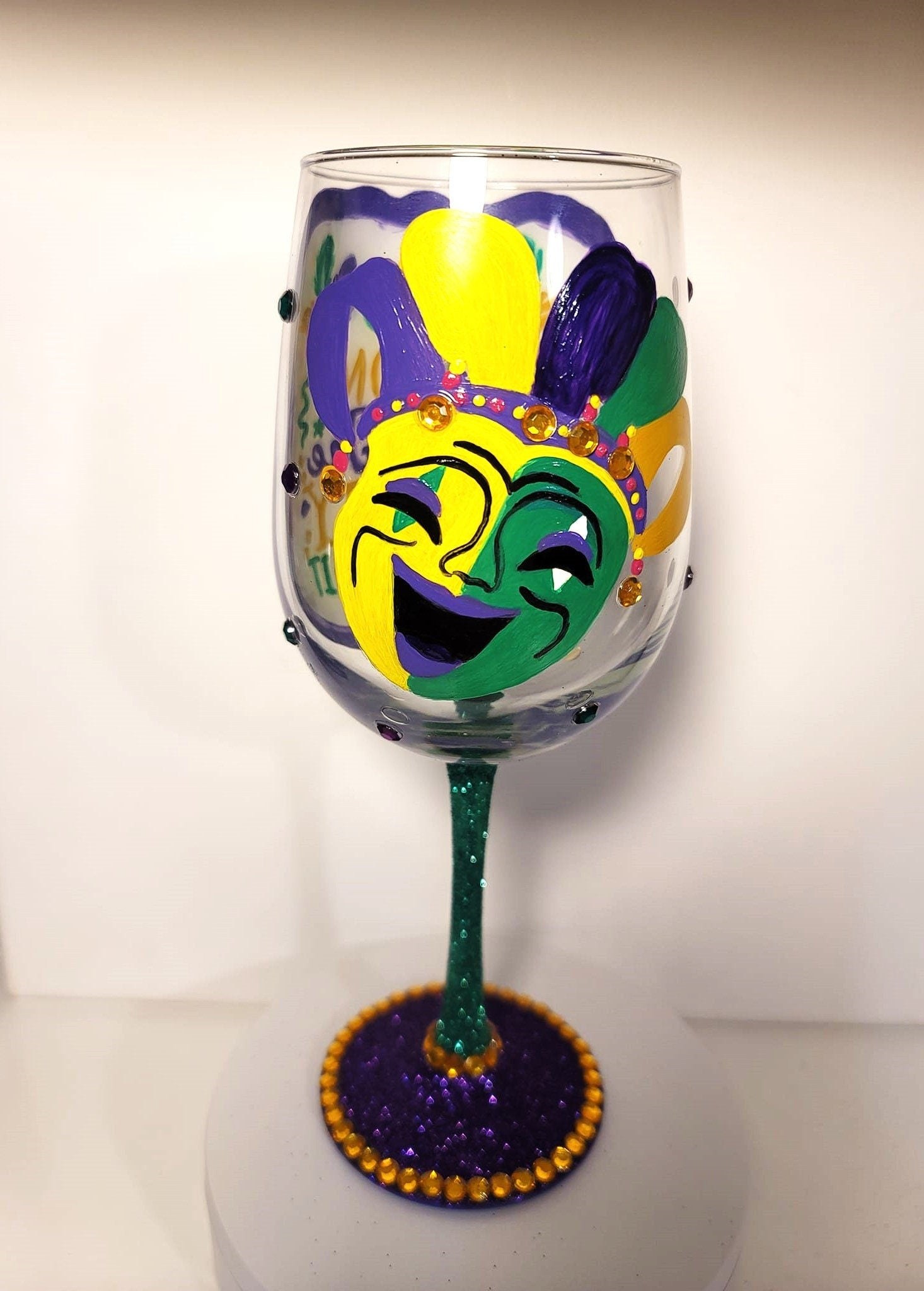 Hand Painted Mardi Gras Wine Glass, Bling Party Barware, view 3